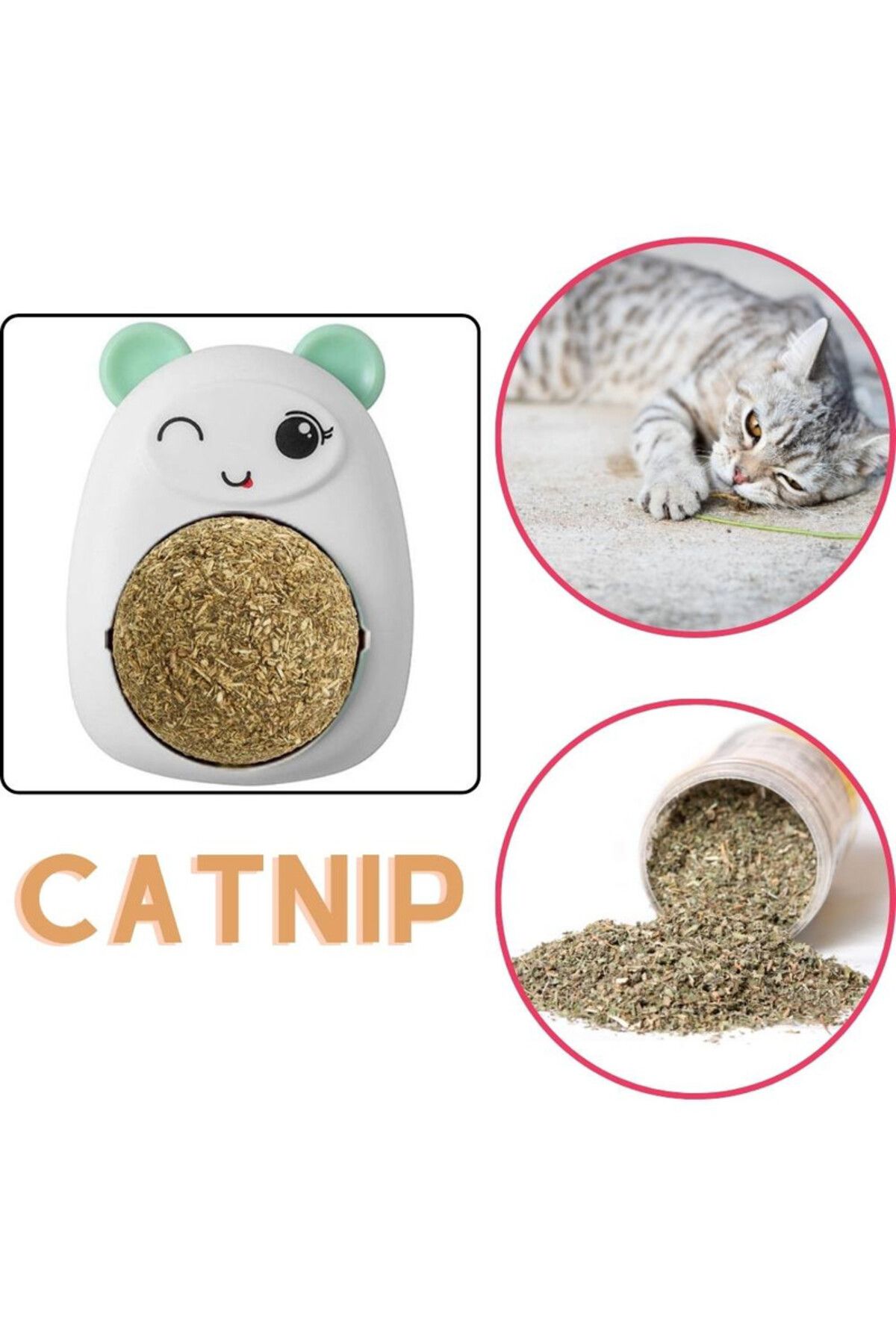 Evelise-Set of 3 Toys for Kittens, Teddy Bear Model, 360° Rotating Catnip Ball, 6 cm, Pink 7