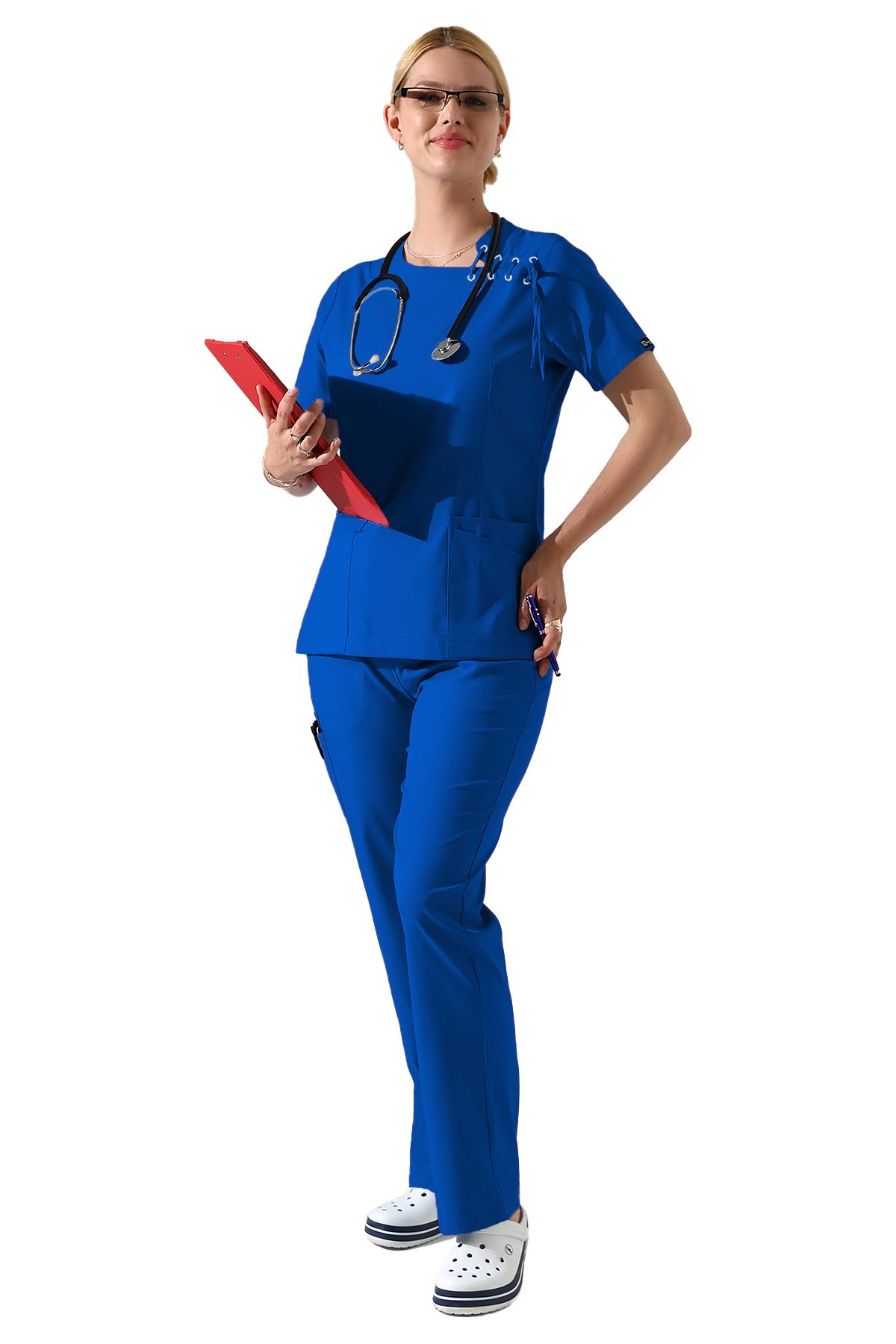 BEDUCA Saks Mavisi Likralı Yaka Detaylı Hemşire Scrubs Takımı, Estetisyen Ve Güzellik Merkezi Kıyafeti