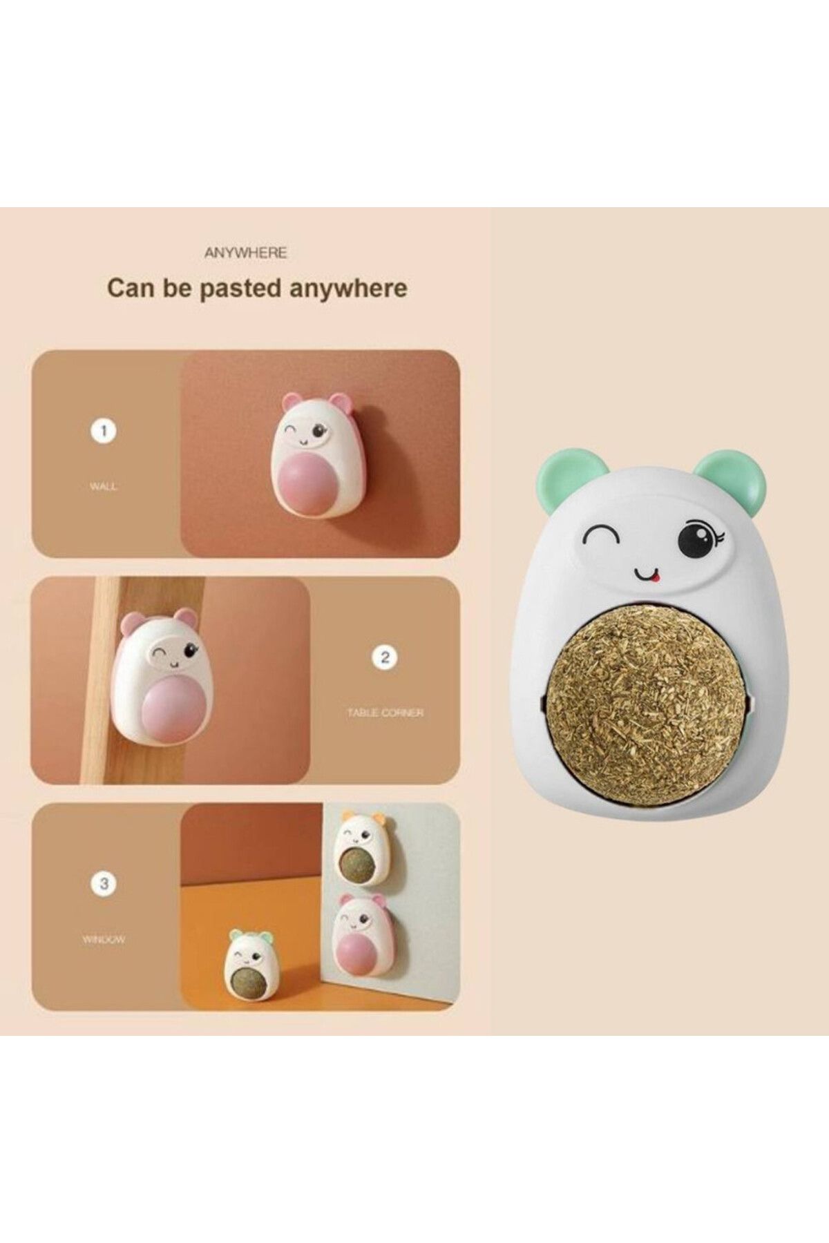 Evelise-Set of 3 Toys for Kittens, Teddy Bear Model, 360° Rotating Catnip Ball, 6 cm, Pink 4