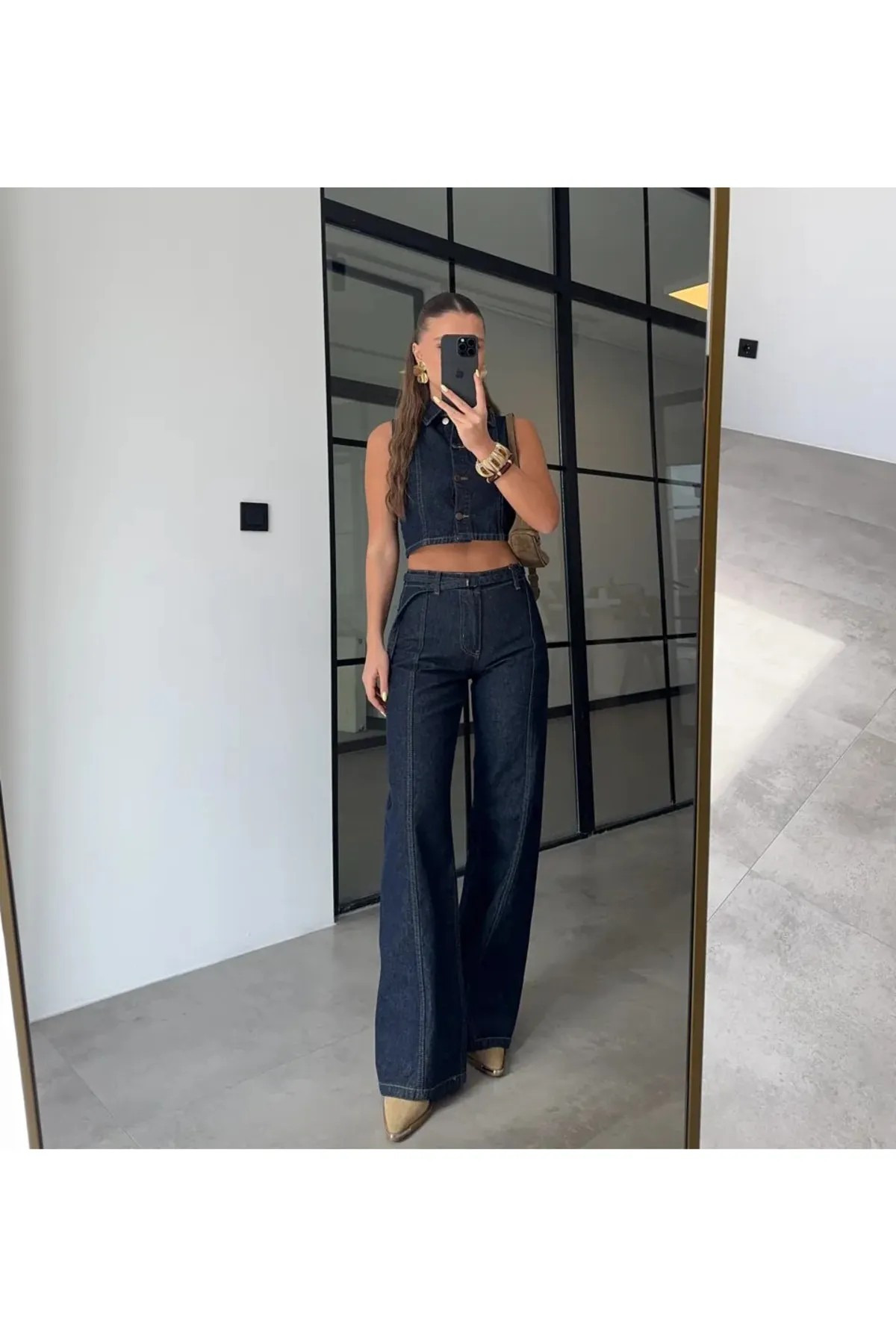 My Blog Zestaw spodni z kamizelką dżinsową i paskiem - 8619