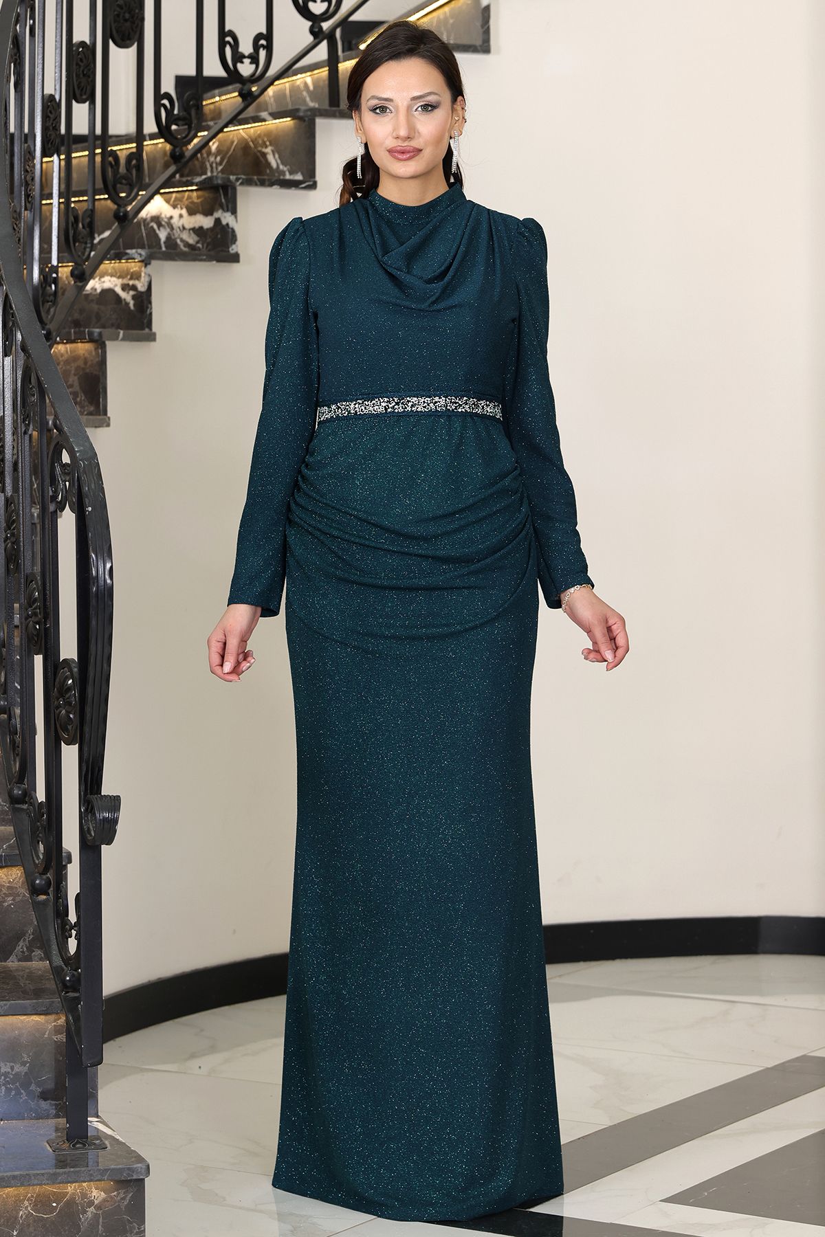 ELBENMODA Tesettür Abiye Elbise DİLARAM & Taş Detaylı Tül Büyük Beden Abiye