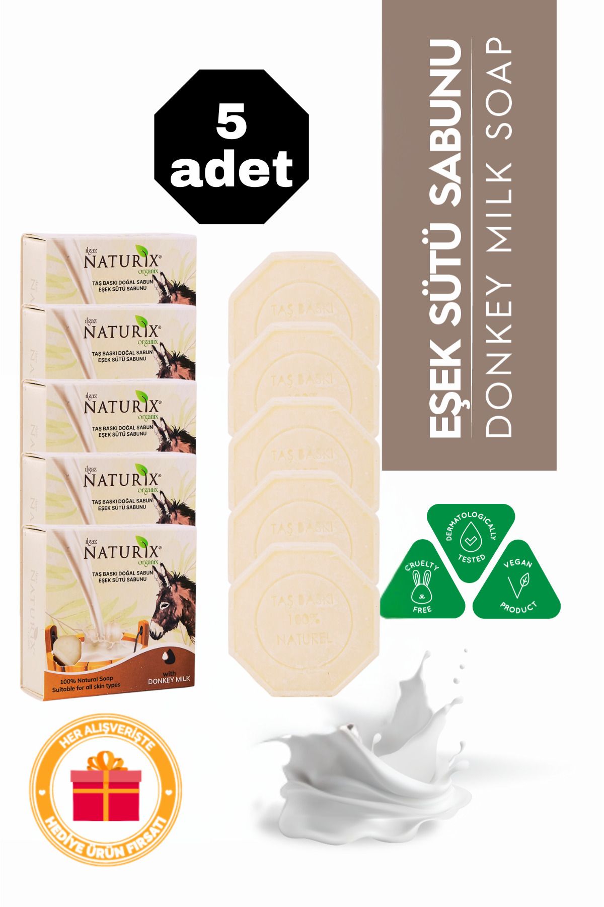 Naturix Eşek Sütü Özlü Taş Sabun 5'li Eko Paket Nemlendirici ve Cilt Canlandırıcı Bakım - 5x125 gr