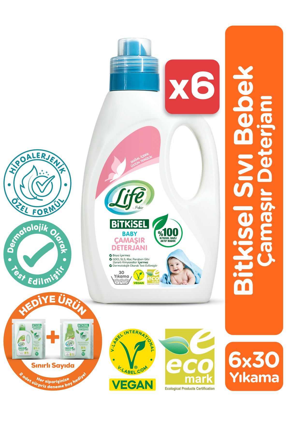 Life by Fakir Life By  %100 Bitkisel Bazlı Vegan Sıvı Bebek Çamaşır Deterjanı 1500ml x 6 Adet Avantaj Seti
