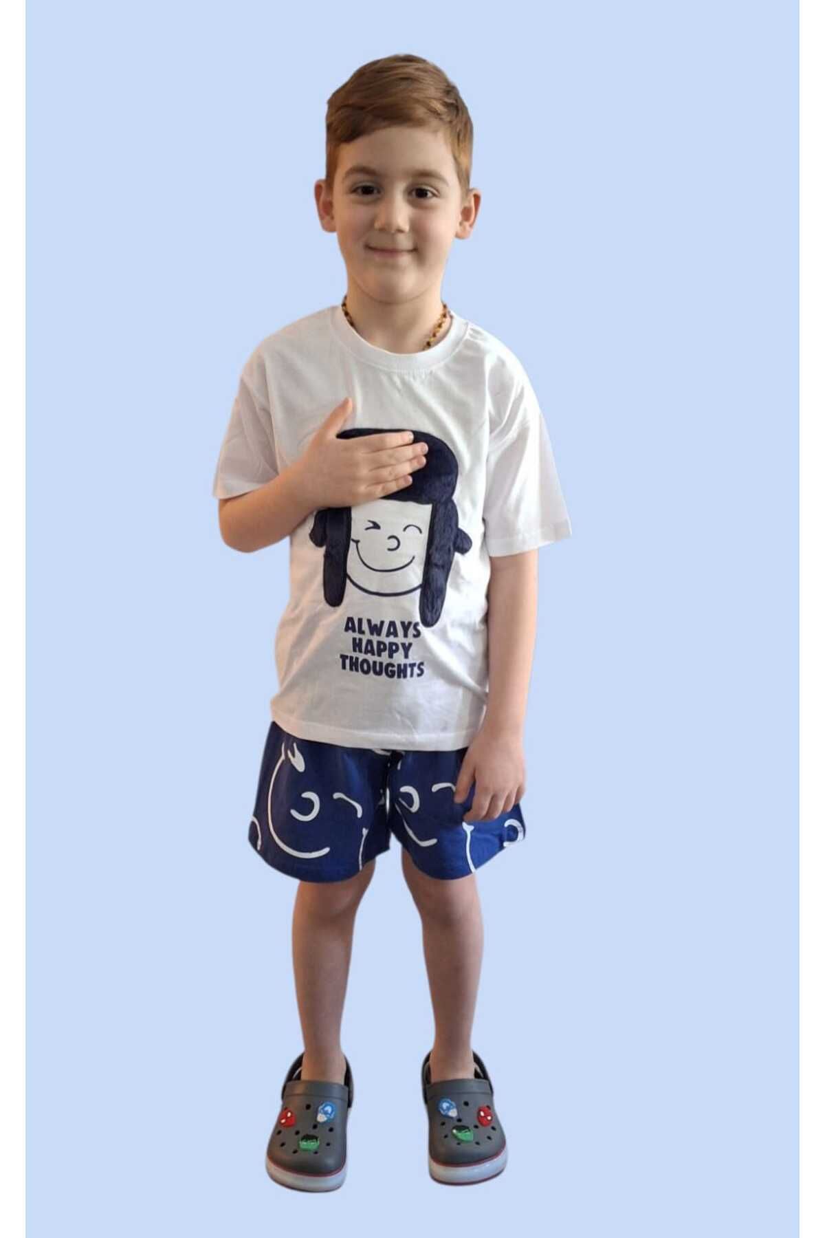 Tiny-''Always Happy Thoughts'' Boys' Set with Smiling Face and Hat Print 3