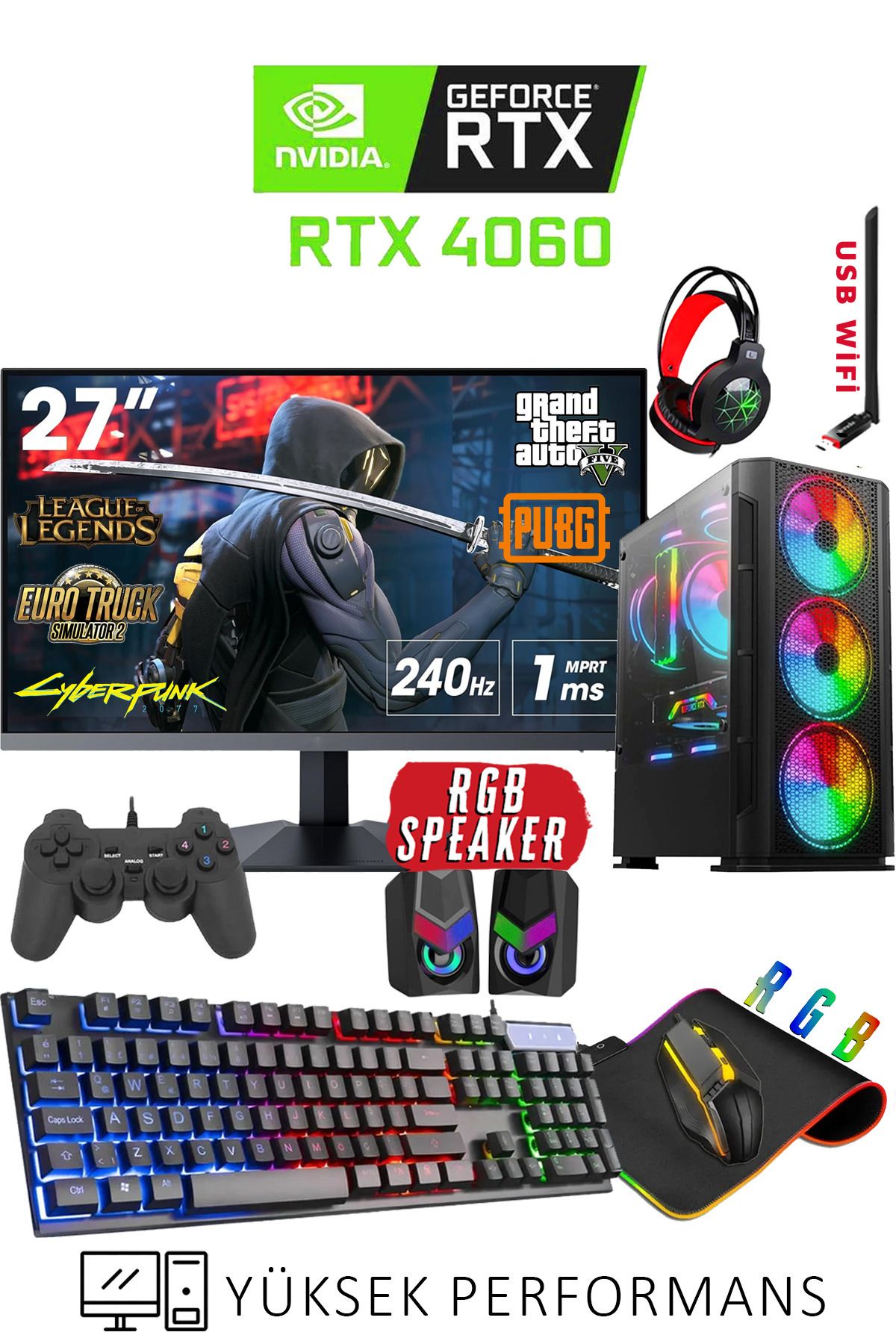 Dmc N310 (PUBG,GTA 5) İ7 9700KF 32GB 1TB Nvme M.2 SSD RTX4060 27" 240Hz Oyuncu Masaüstü Bilgisayarı