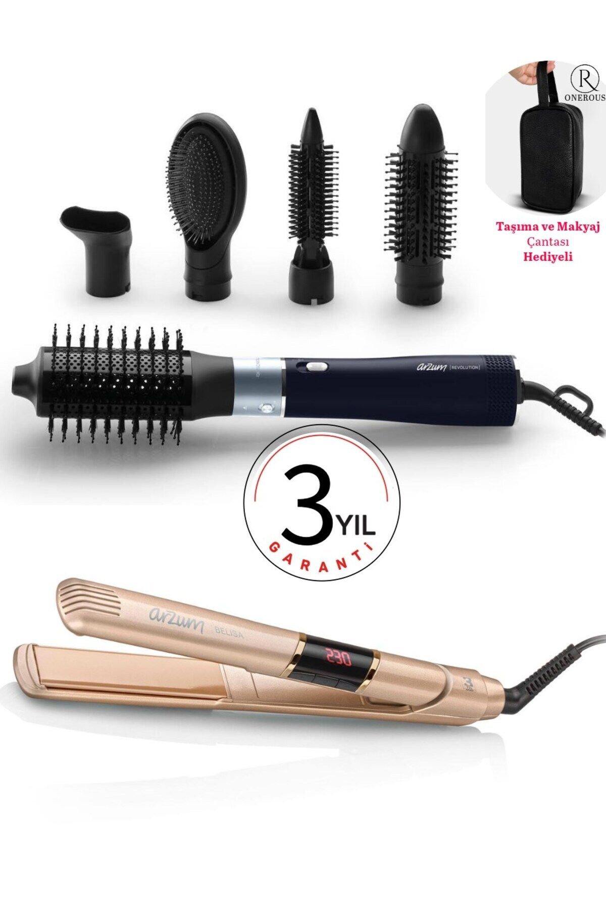 Arzum Revolution Hava Üflemeli Şekillendirici + Belisa Saç Düzleştirici Keratin Seramik Plaka + Çanta