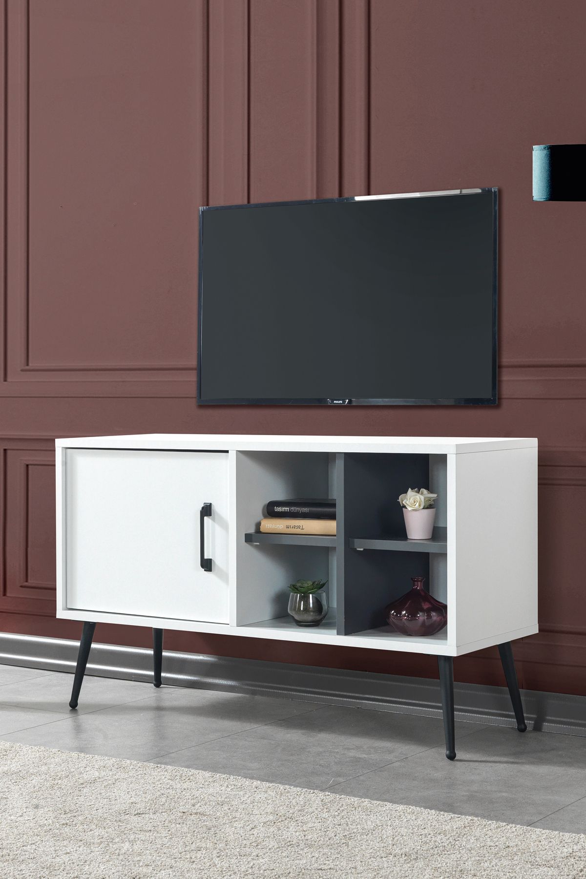 Evmo Home 3112 Şile Metal Ayaklı Metal Kulplu Tv Ünitesi 100 Cm - Beyaz