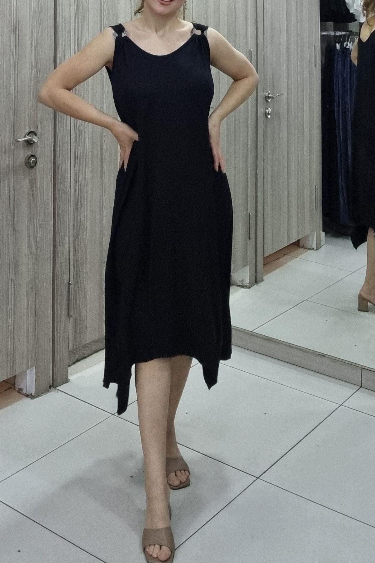 Maya Butik Halka Detaylı Kolsuz Oversize Asimetrik Elbise - 890