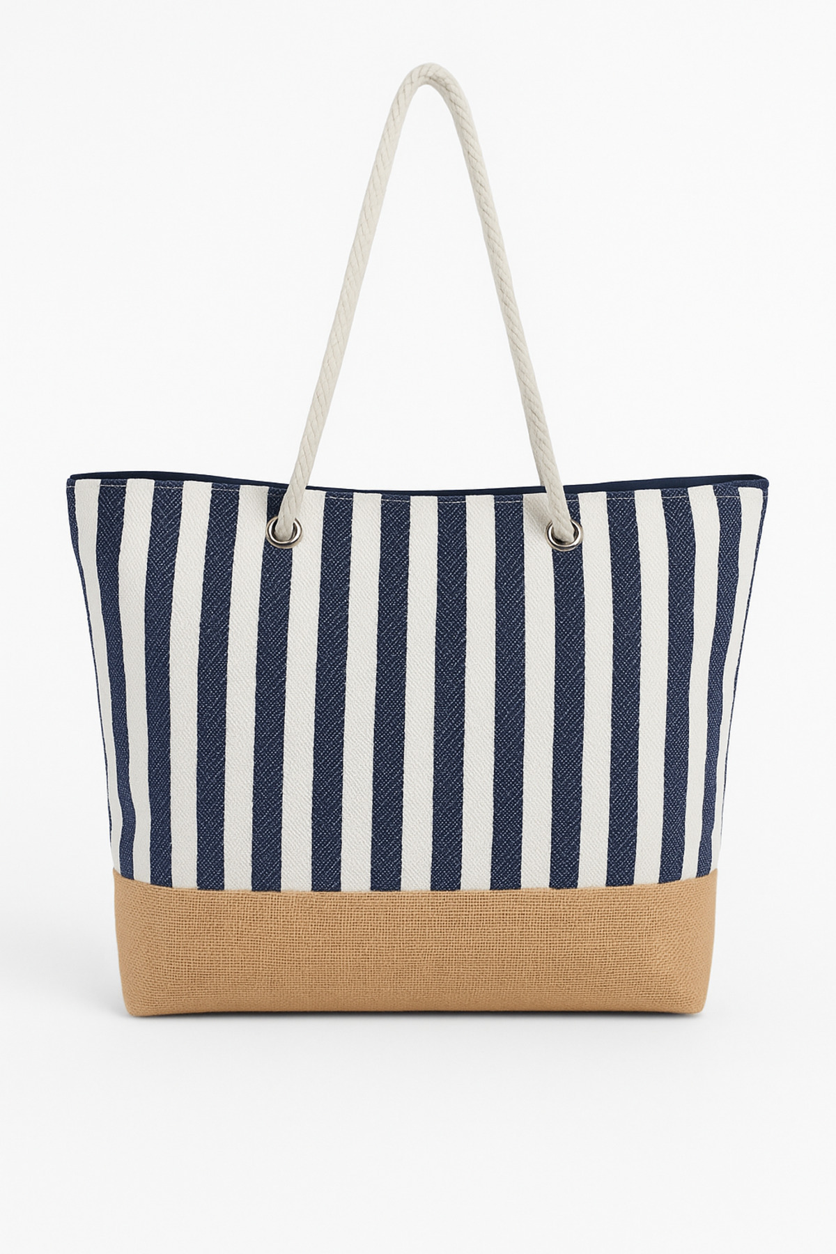 MUCCE Kadın Lacivert Çizgili Plaj Çantası Büyük Boy Fermuarlı 52×38cm görsel 5