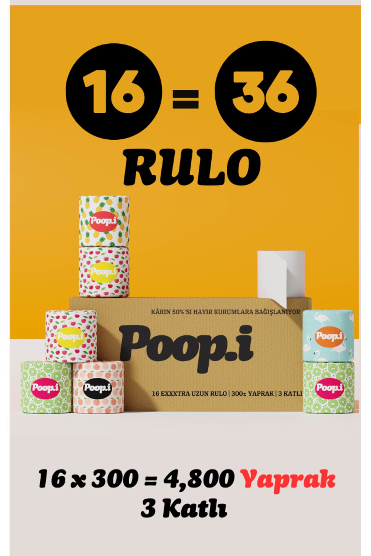 Poop.i Fruity Loop Edition Tuvalet Kağıdı 3 Katlı 16 Rulo 1=2.5 Extra Uzun Poopi