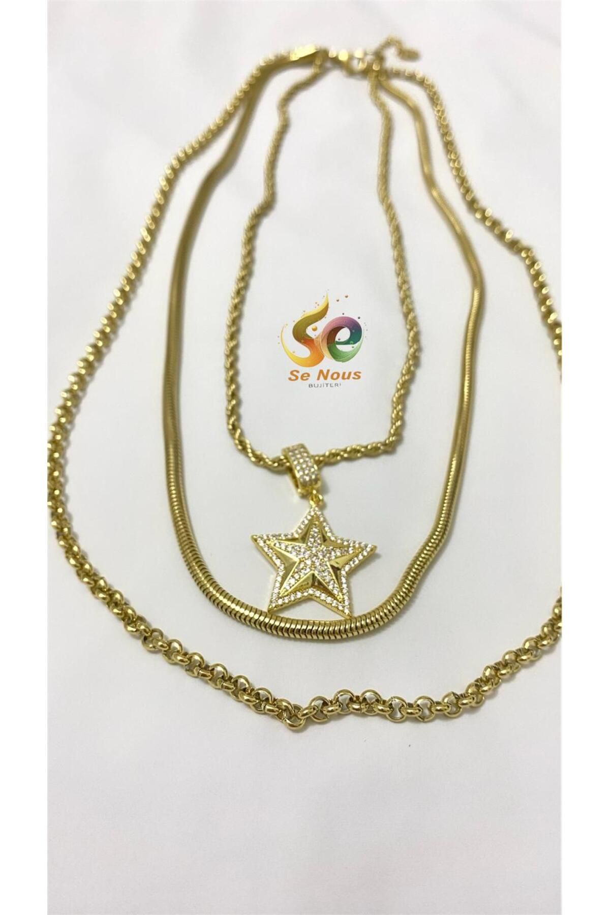 Butik Üç Zincir İtalyan Taş Yıldız Detay Gold Altın Kaplama Çelik Kolye