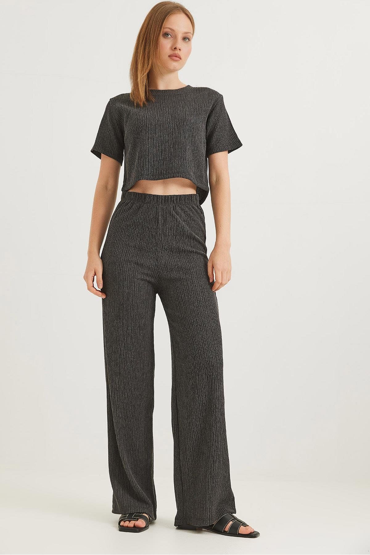 Raneel Kazançlı Alışveriş Bürümcük Kumaş İkili Crop Takım Füme