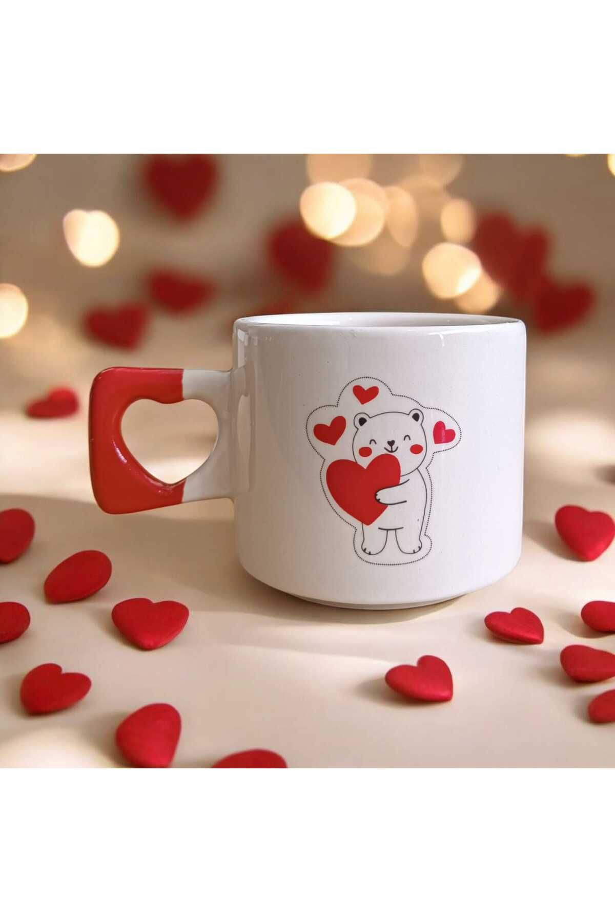 Simge Seramik Kalp Tutan Teddy Ön Arka Çizimli Kalp Kulplu El Yapımı Seramik Mug Kupa Çay Cappuccino Fincanı