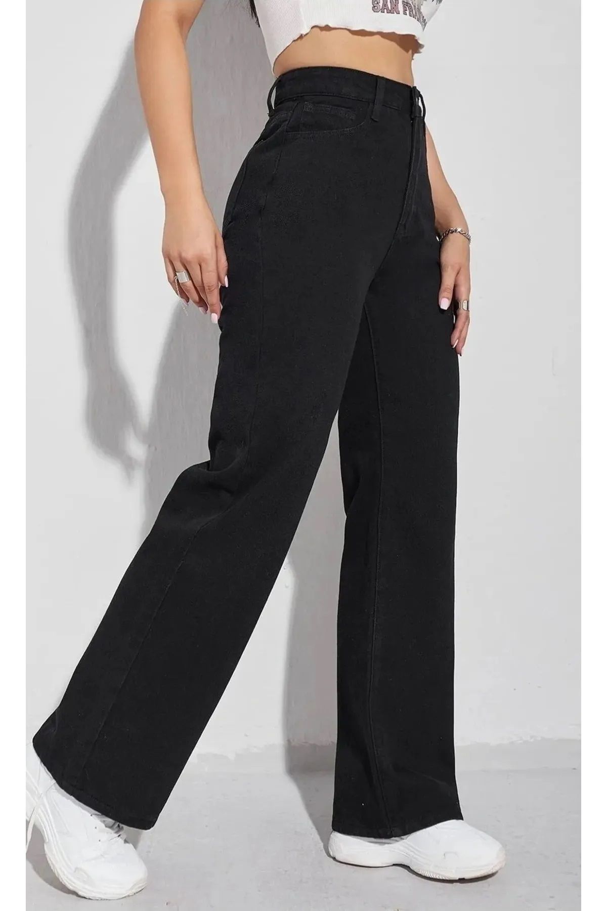 Trn JNS Meex Siyah Süper Yüksek Bel 90's Power Likralı Solmaz Jeans Palazzo Pantolon