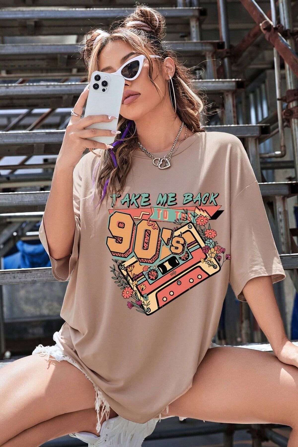 ModaSphere Unisex Siyah Bisiklet Yaka 90's Baskılı Oversize T-Shirt