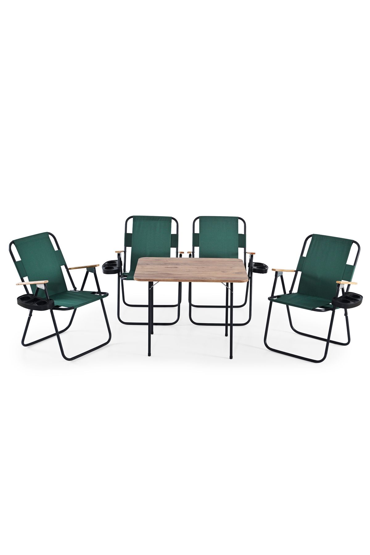 Remaks 4 adet Katlanır Kollu Bardaklıklı 4lü Kamp Sandalyesi Yeşil Ve 60x80 Meşe Katlanır Masa