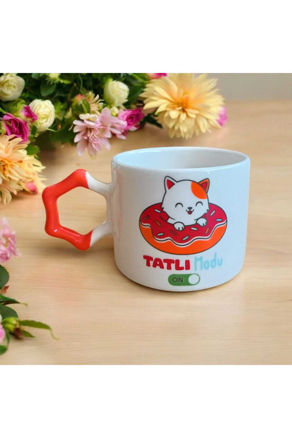 Simge Seramik Tatlı Modu Çift Taraf Baskılı Yıldız Kulplu El Yapımı Doğal Seramik Mug Kupa Çay Cappuccino Fincanı
