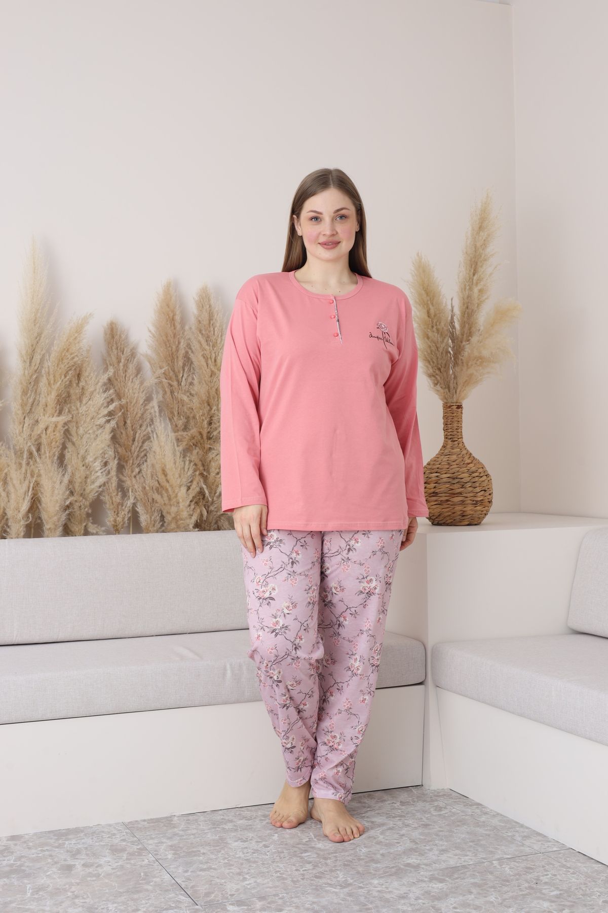 BSM Kadın Yüksek Kalite Battal Uzun Kol Rahat Penye Pamuklu Pijama Takımı