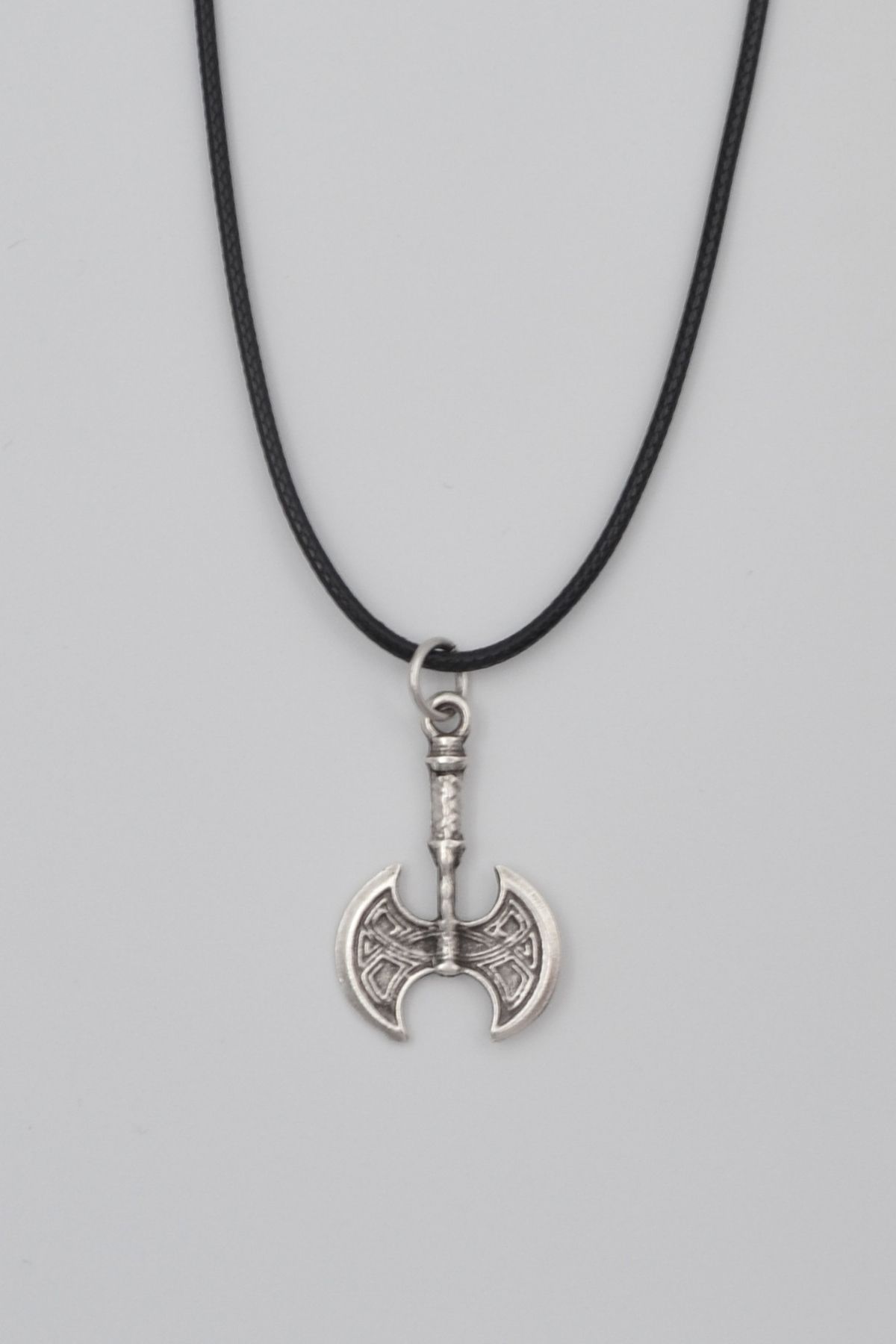 Bu Farklı Viking Çift Taraflı Balta Kolye - PU Deri İp Zincirli Unisex Gümüş Kaplama - 60 cm