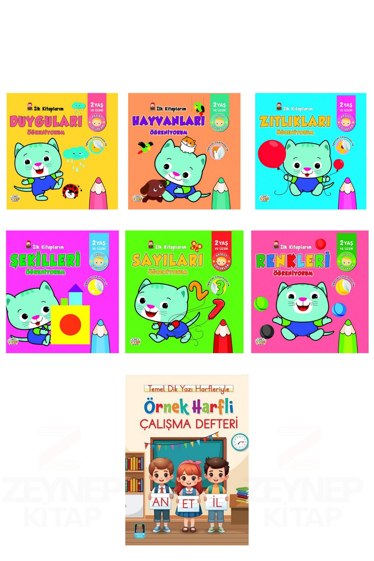 0-6 Yaş Yayınları +2 Yaş İlk Kitaplarım Serisi 6 Kitap Set ve Büyük Boy Örnek Harfli Çalışma Defteri Hediye