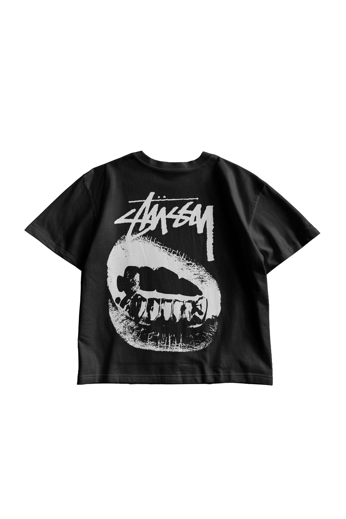 TresMonos Stussy Baskılı Oversize Kısa Kesim Pamuklu Salaş Unisex Siyah Tişört