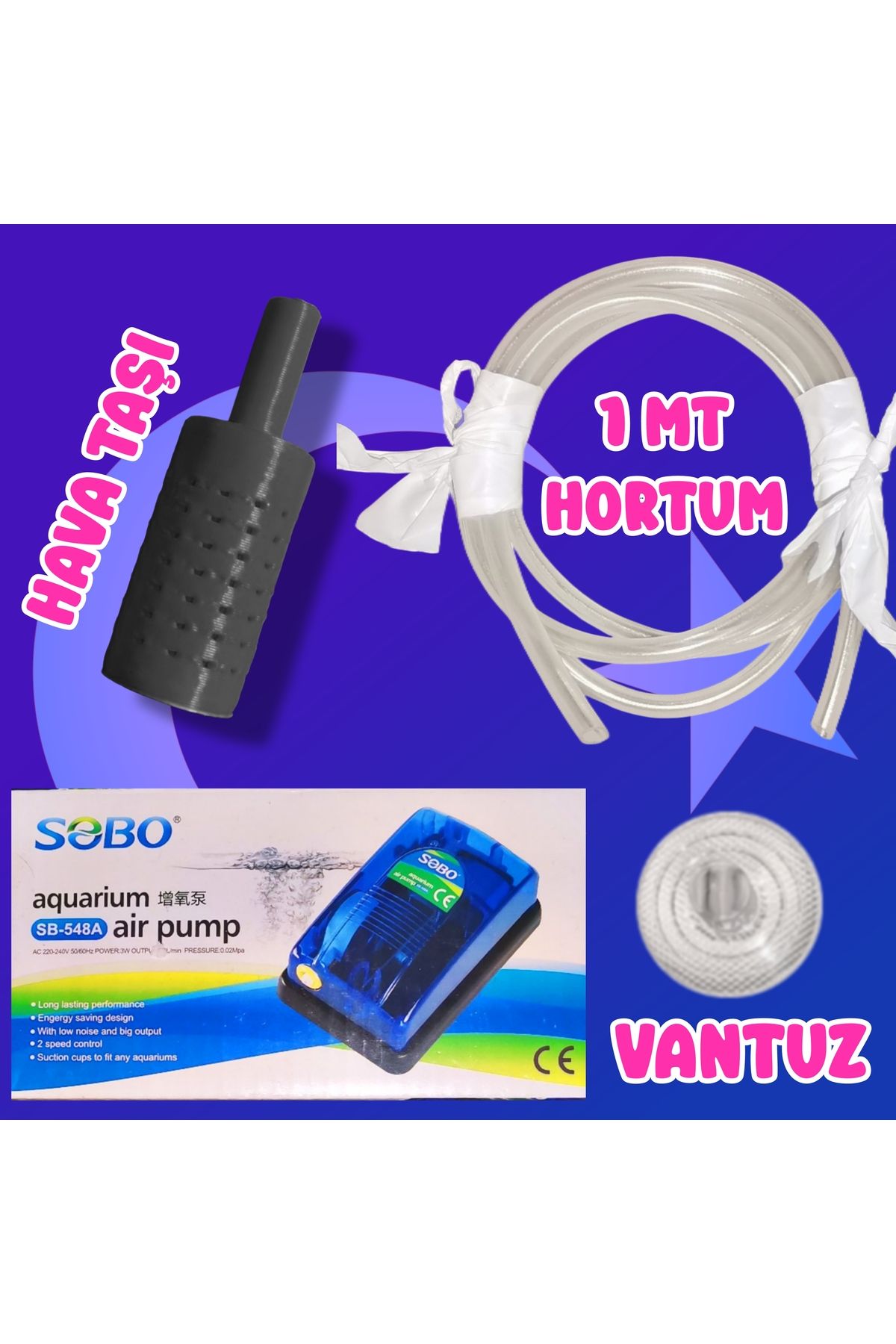 Akvaryum Hava Taşı Motor Hortum Vantuz Seti ( Siyah ) Küçük Akvaryum ve Büyük Akvaryum Uygun