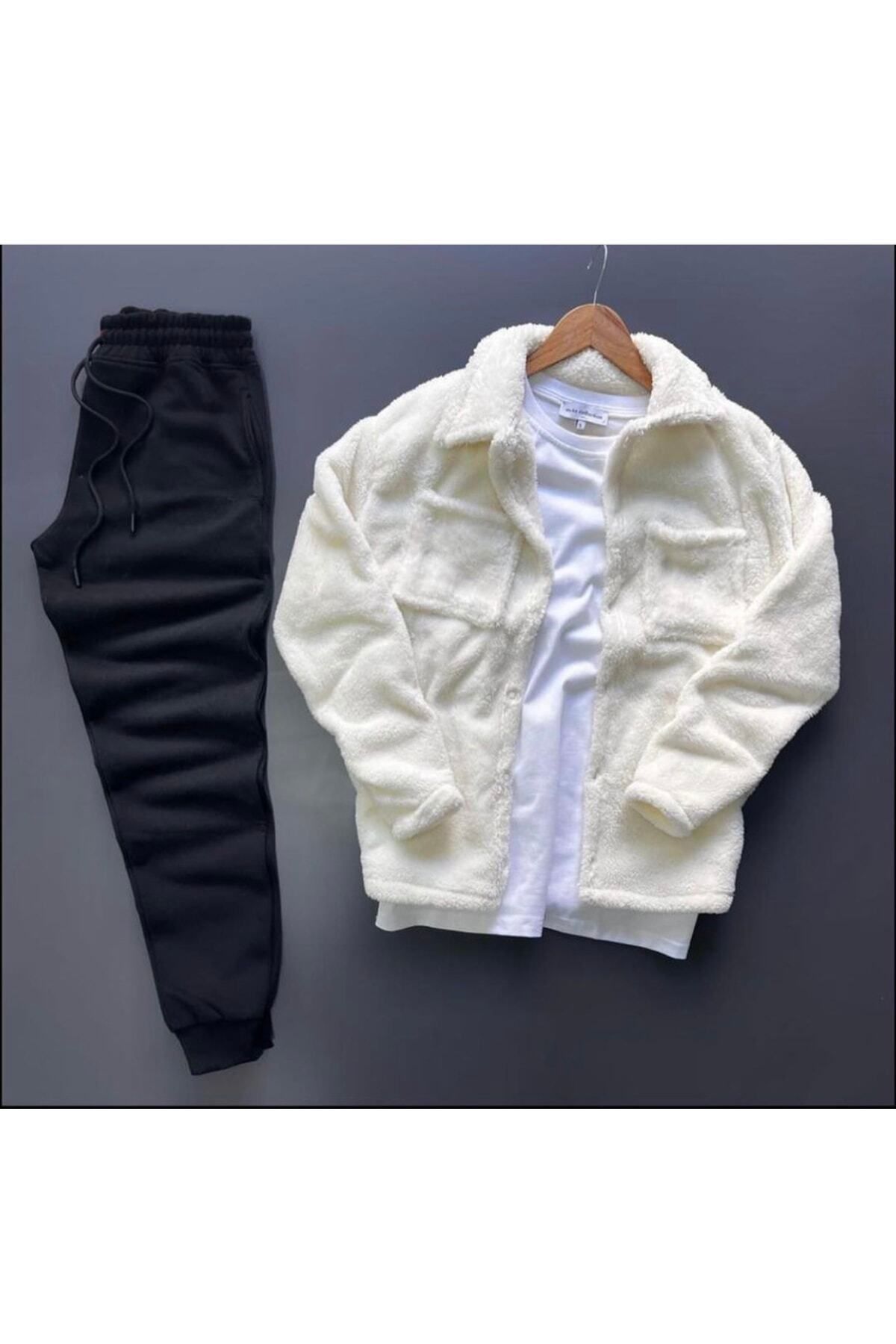 exans moda Krem Peluş Gömlek-siyah Eşofman Alt