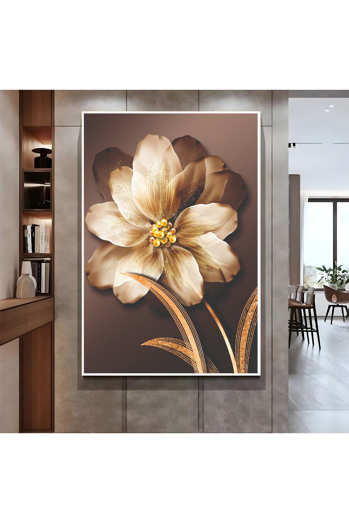Harikabirev HARİKABİREV|KREM GOLD ÇİÇEK MODELİ ( CKD-095) |ÇERÇEVELİ KANVAS TABLO CKDİKEY