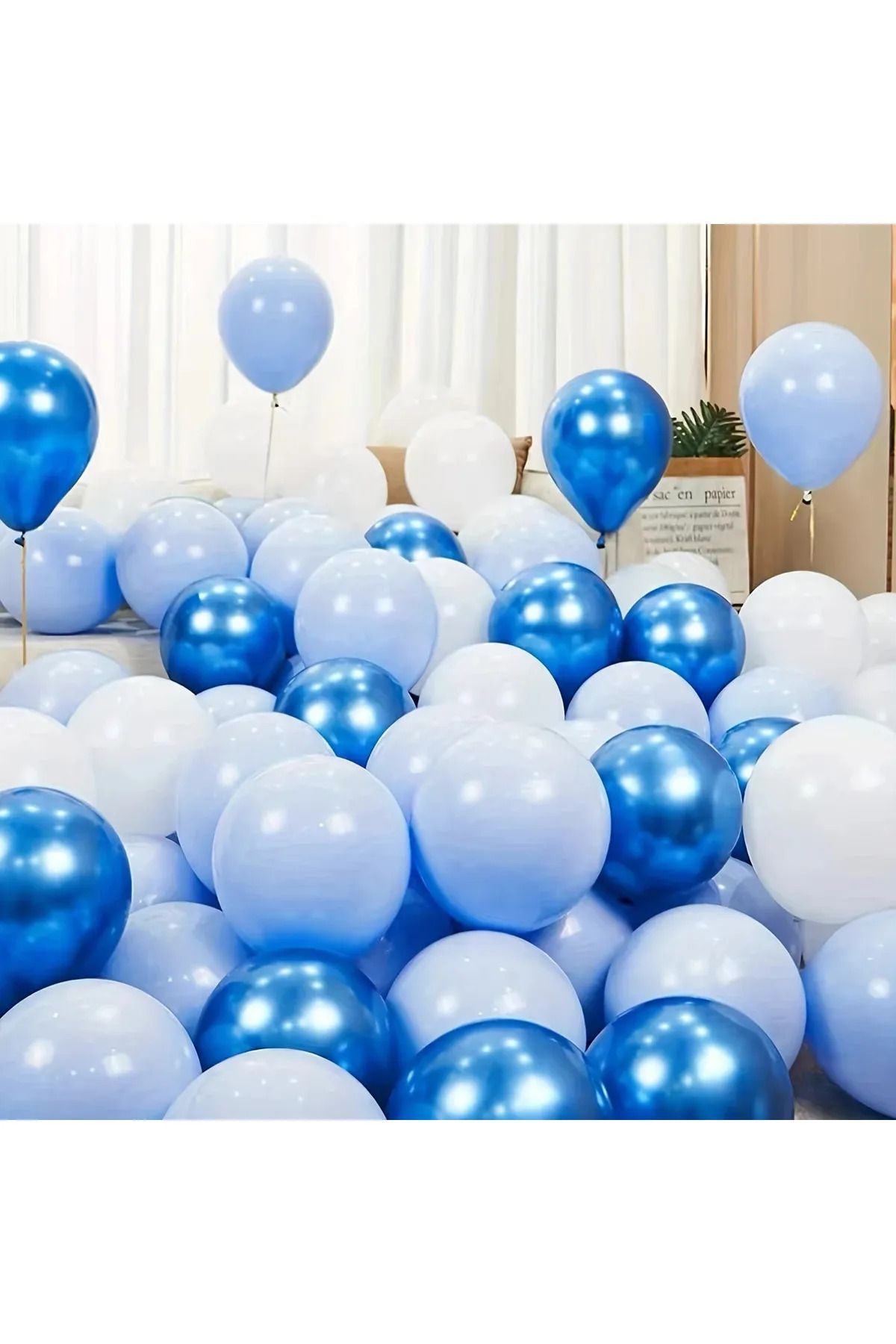 BALON DİYARI 15 Parça Krom Mavi, Açık Mavi ve Beyaz Balon Seti