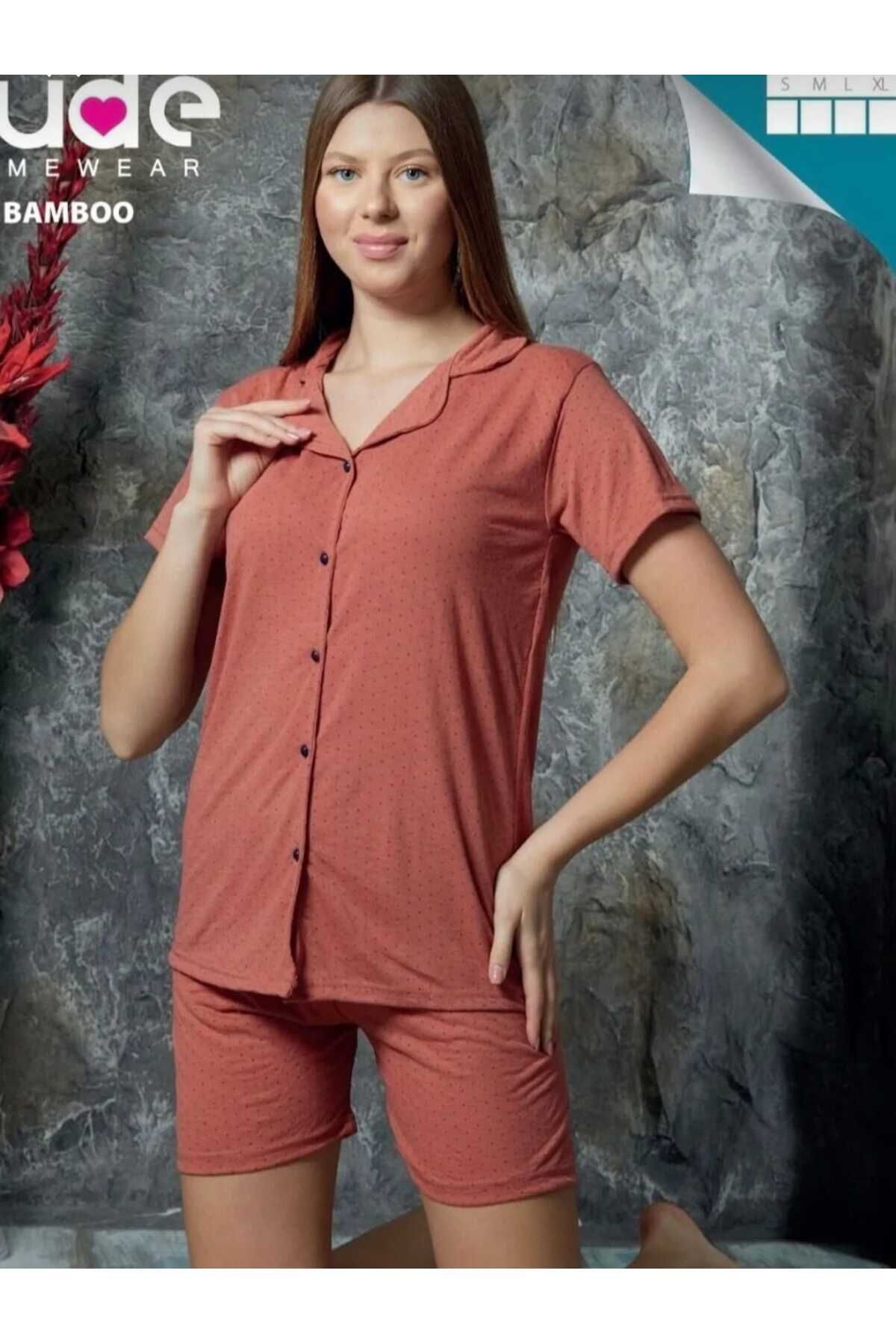 Nuvella GÖMLEK YAKA ŞORTLU PİJAMA TAKIMI PUANTİYELİ TARÇIN RENK BAMBOO