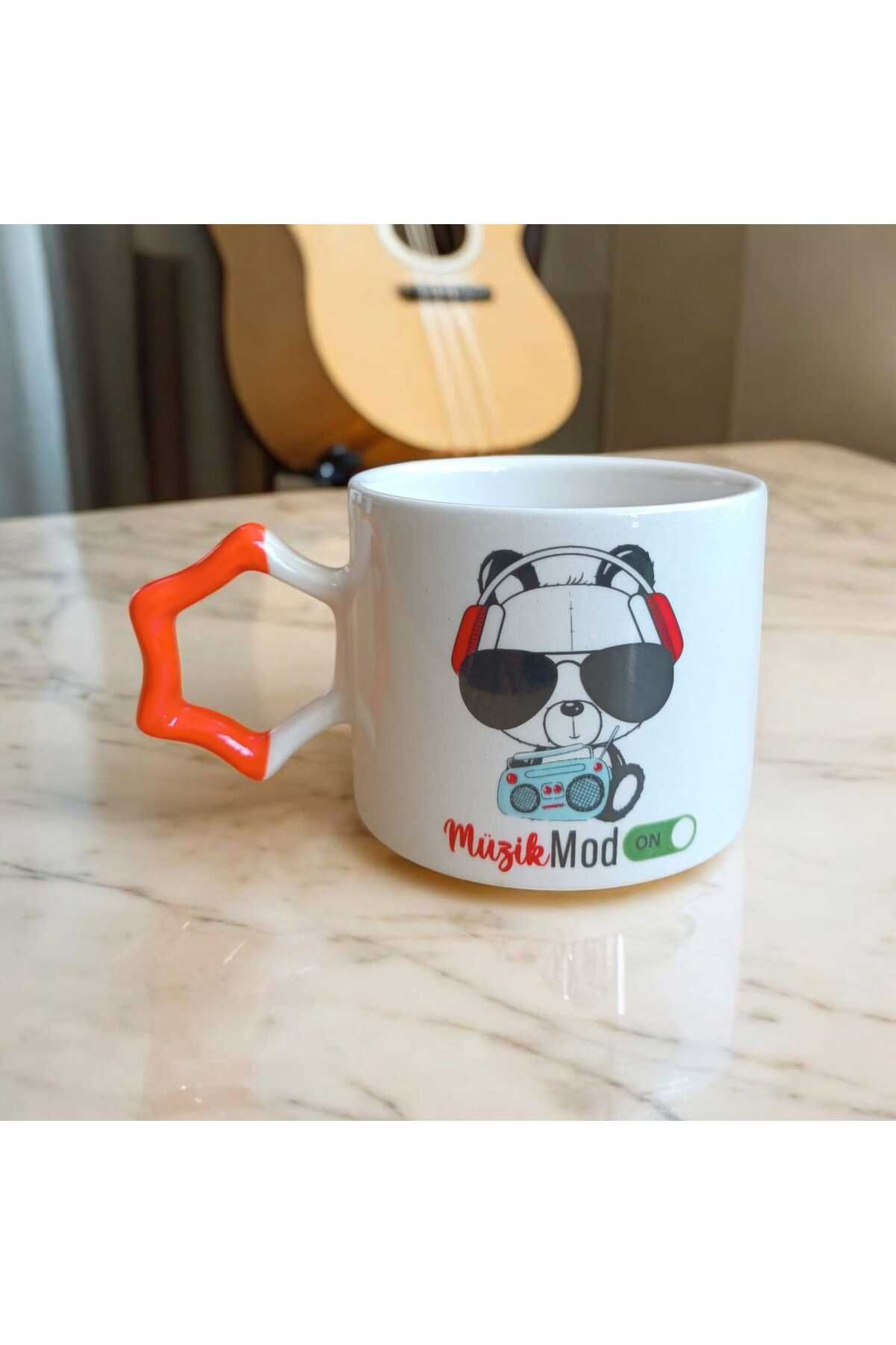 Simge Seramik Muzik Mod Cool Teddy Çift Taraf Baskılı Yıldız Kulplu El Yapımı Seramik Mug / Çay Cappuccino Fincanı