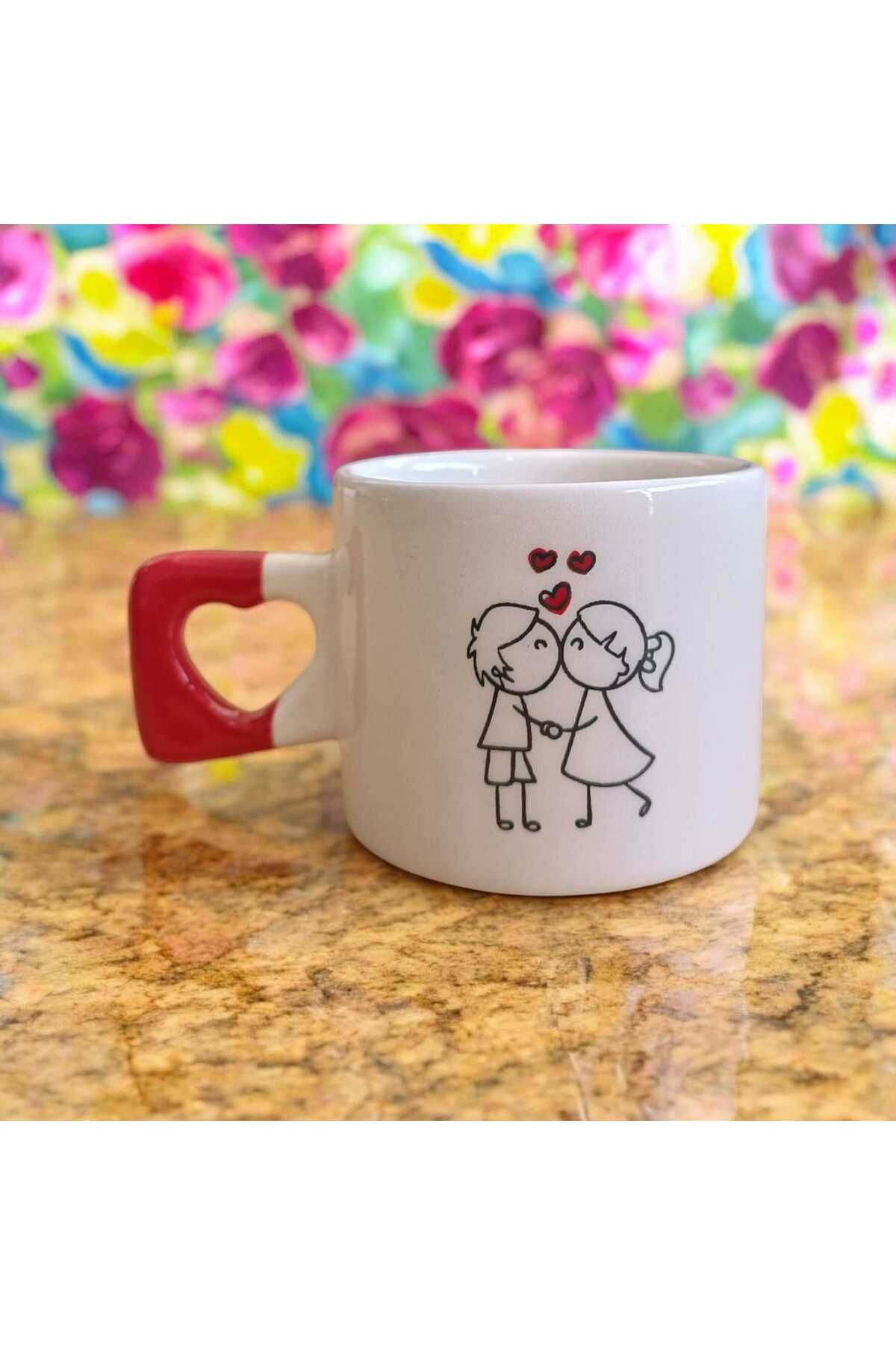 Simge Seramik Sevimli Çift Çizimli Kalp Kulplu El Yapımı Doğal Seramik Mug Kupa Çay Cappuccino Fincanı