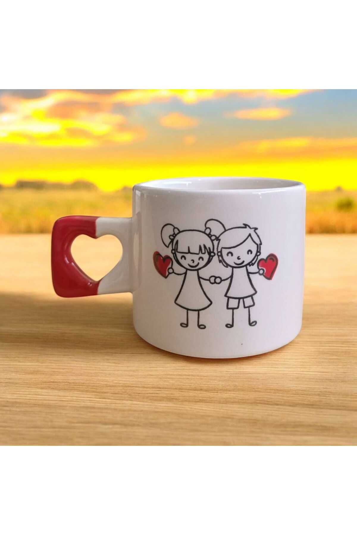 Simge Seramik Kalp Tutan Çift Ön Arka Çizimli Kalp Kulplu El Yapımı Seramik Mug Kupa Çay Cappuccino Fincanı