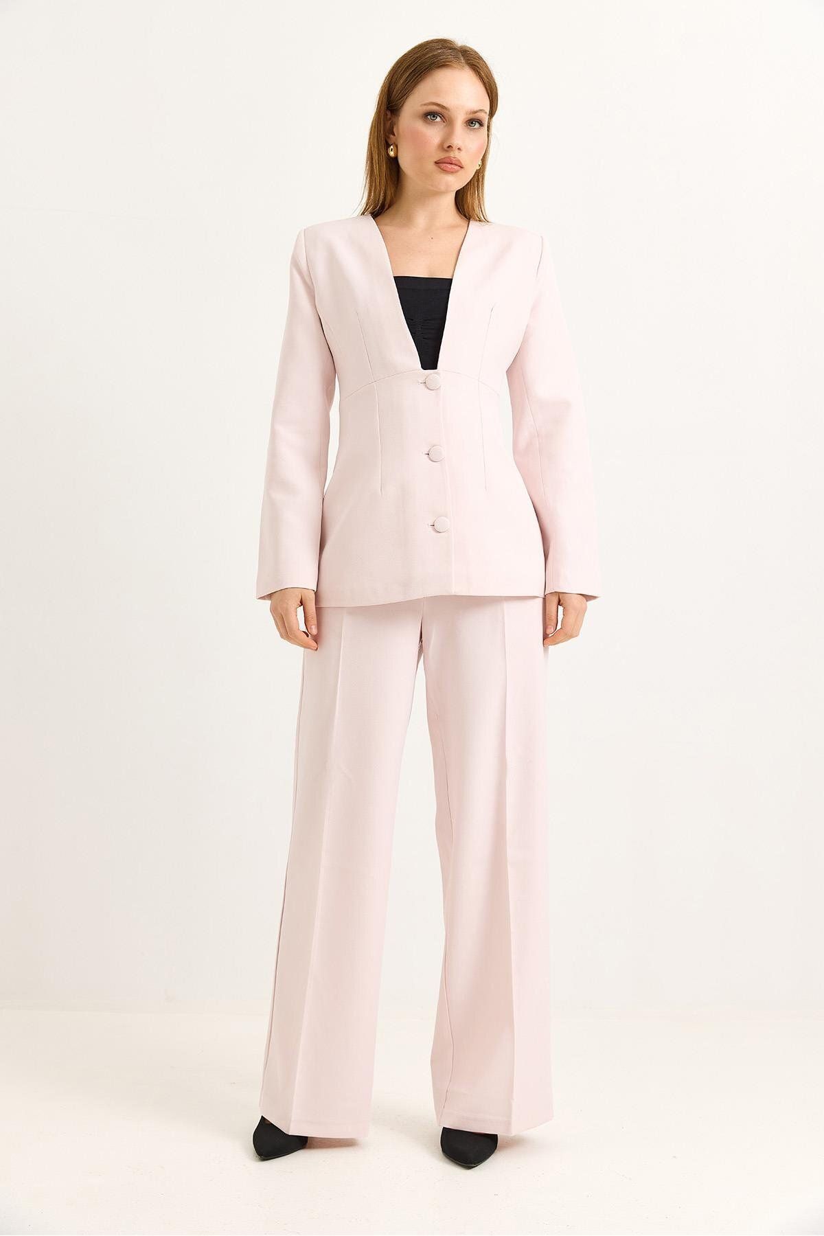 Raneel Kazançlı Alışveriş Astarlı Dokuma Blazer Ceketli Pembe Takım