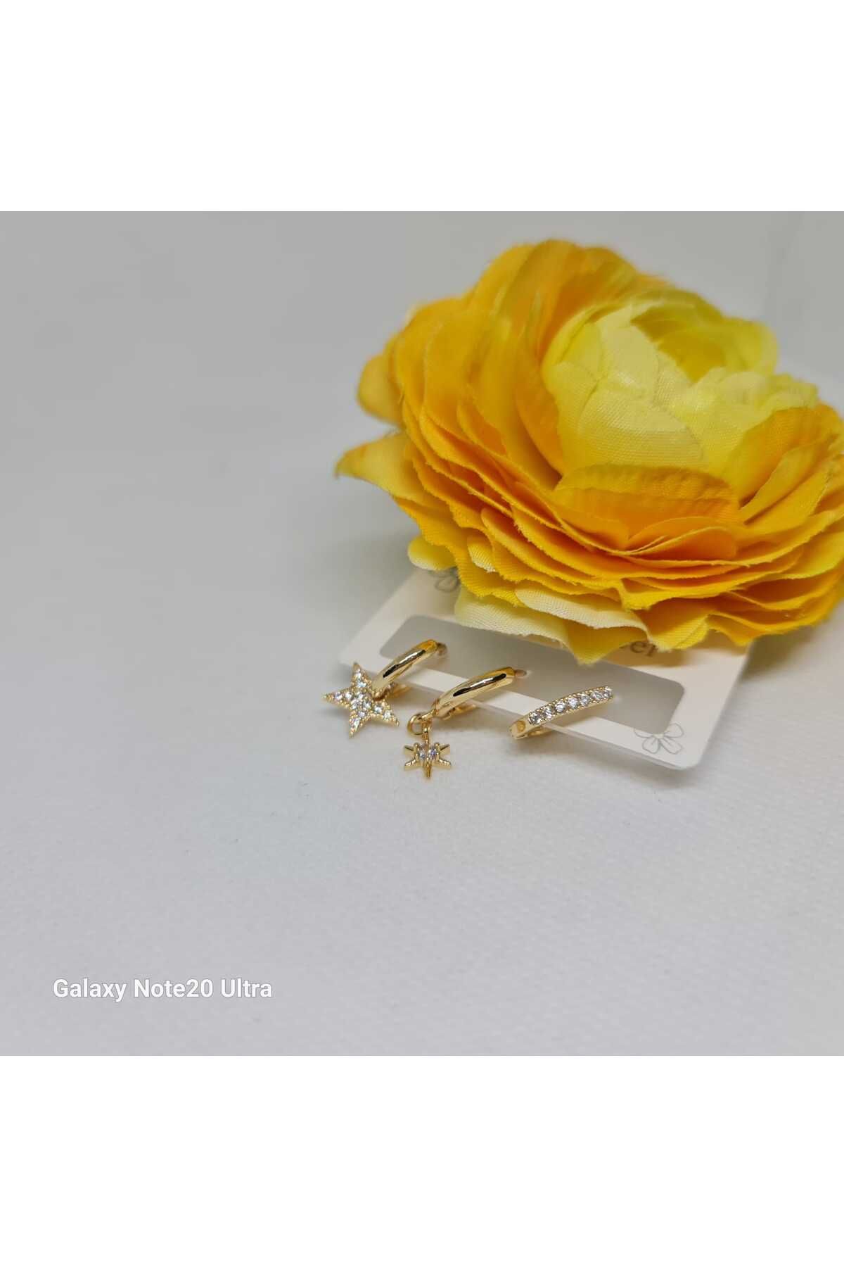 Store 316l 3Lü Yıldız Desenli Paslanmaz Çelik Gold Küpe
