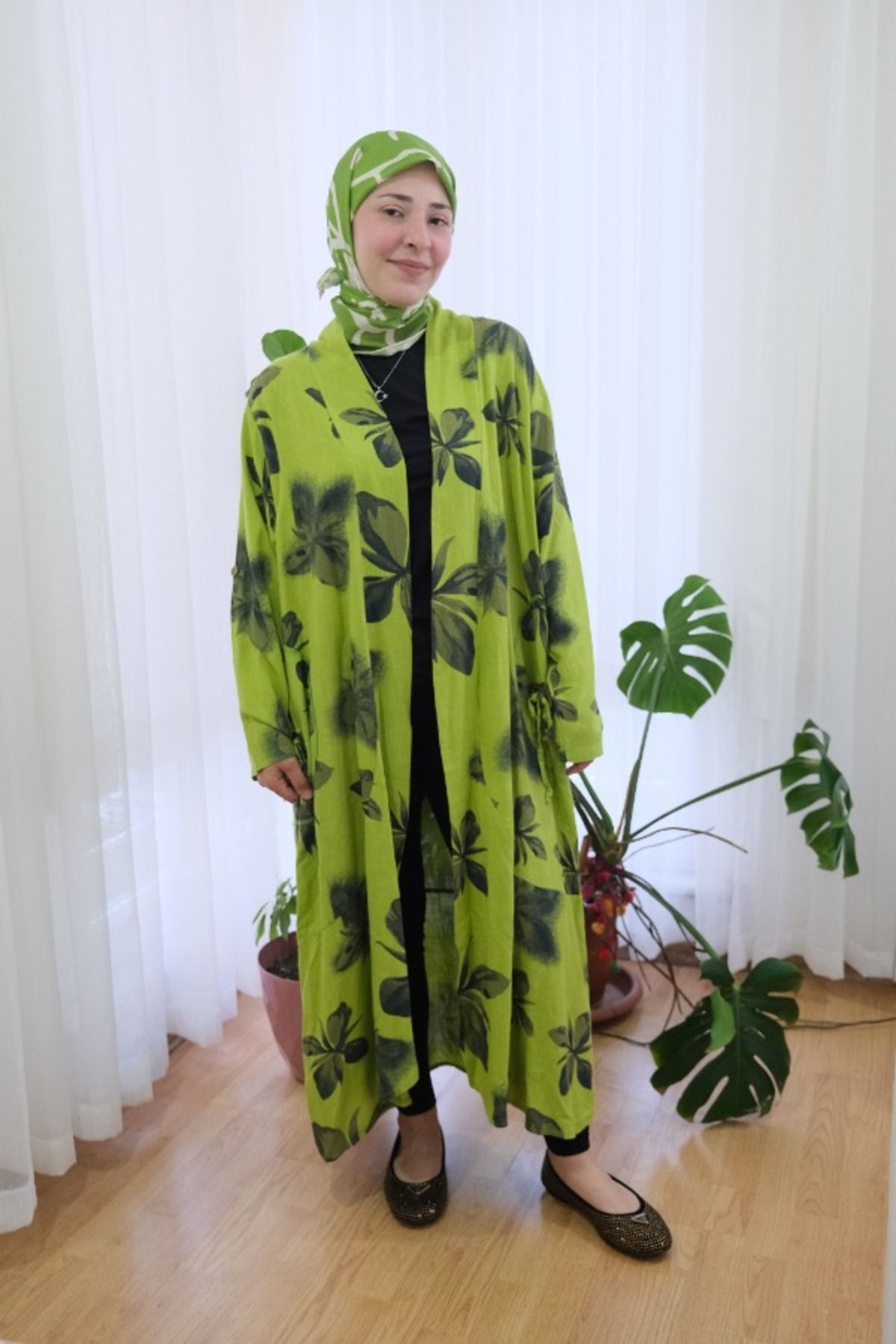 Clarity Yeşil Pamuk Kimono Kaftan Abaya