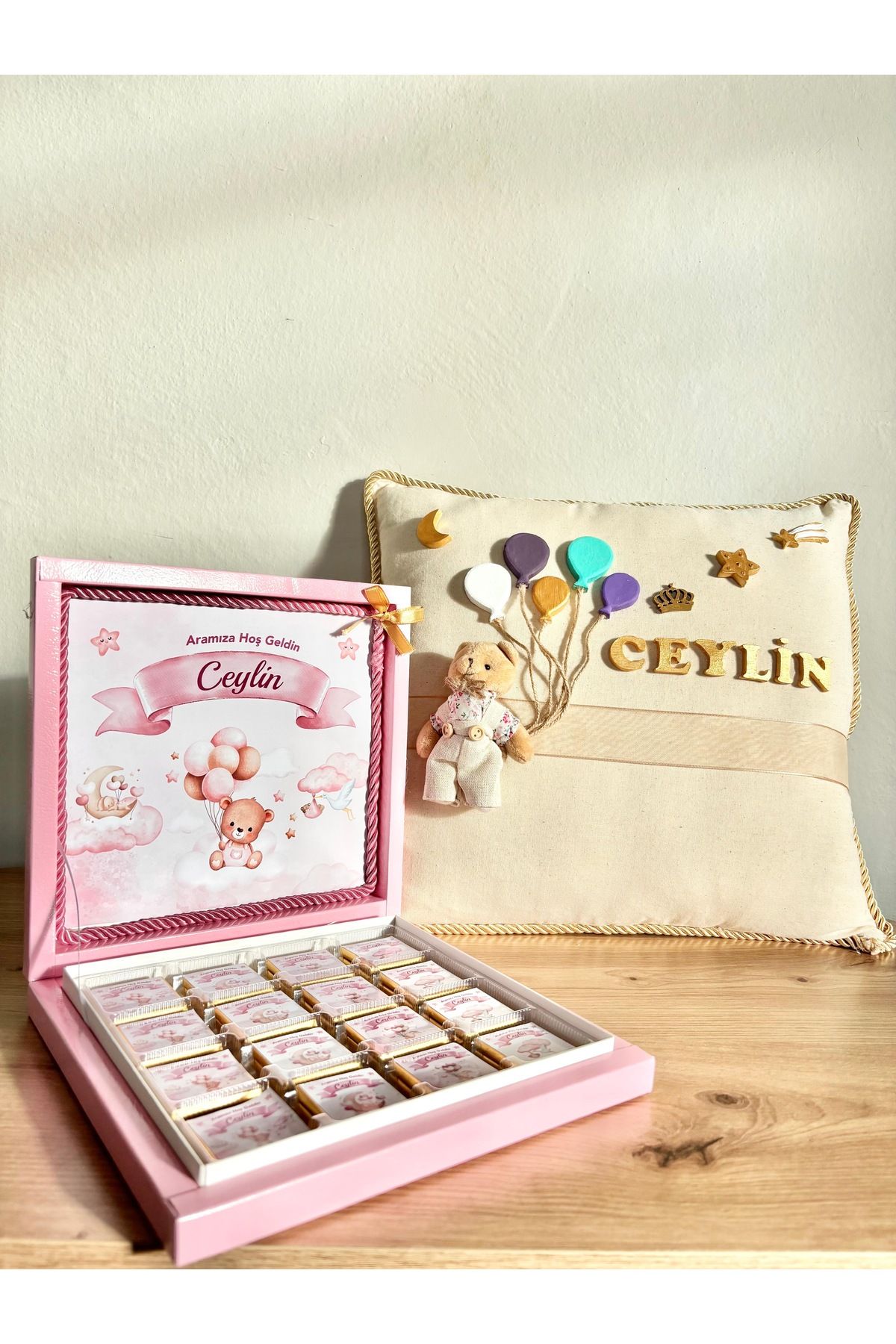 çiztegram Bebek Takı Yastığı Bebek Çikolatası Hediyelik Set