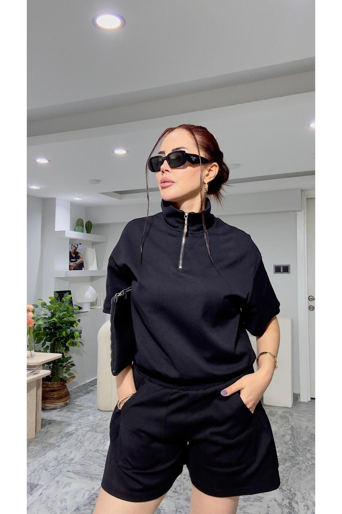 MODA pamuk kumaş şort takım.