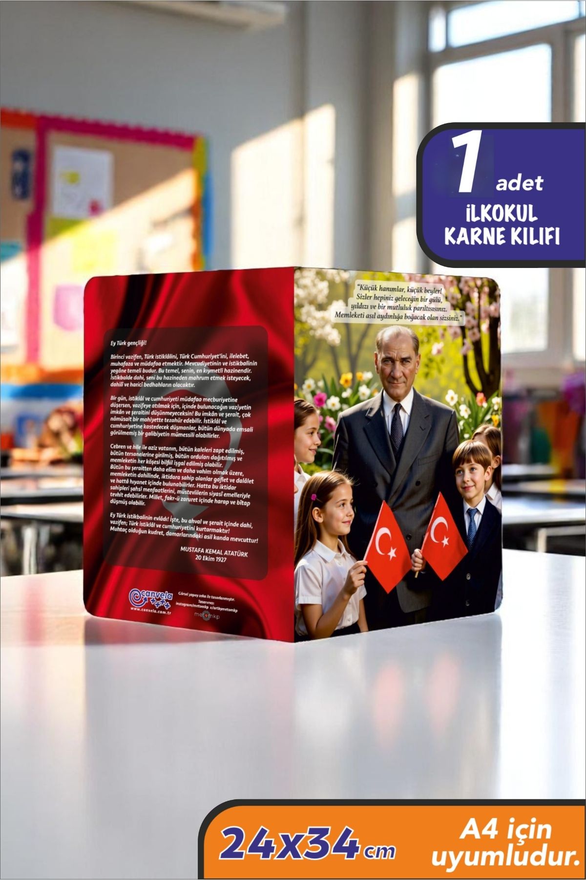 İstisna 1 Adet Mustafa Kemal Atatürk ve Gençliğe Hitabe Yazılı A4 İlkokul Karne Kılıfı Karne Süsleme 24x34