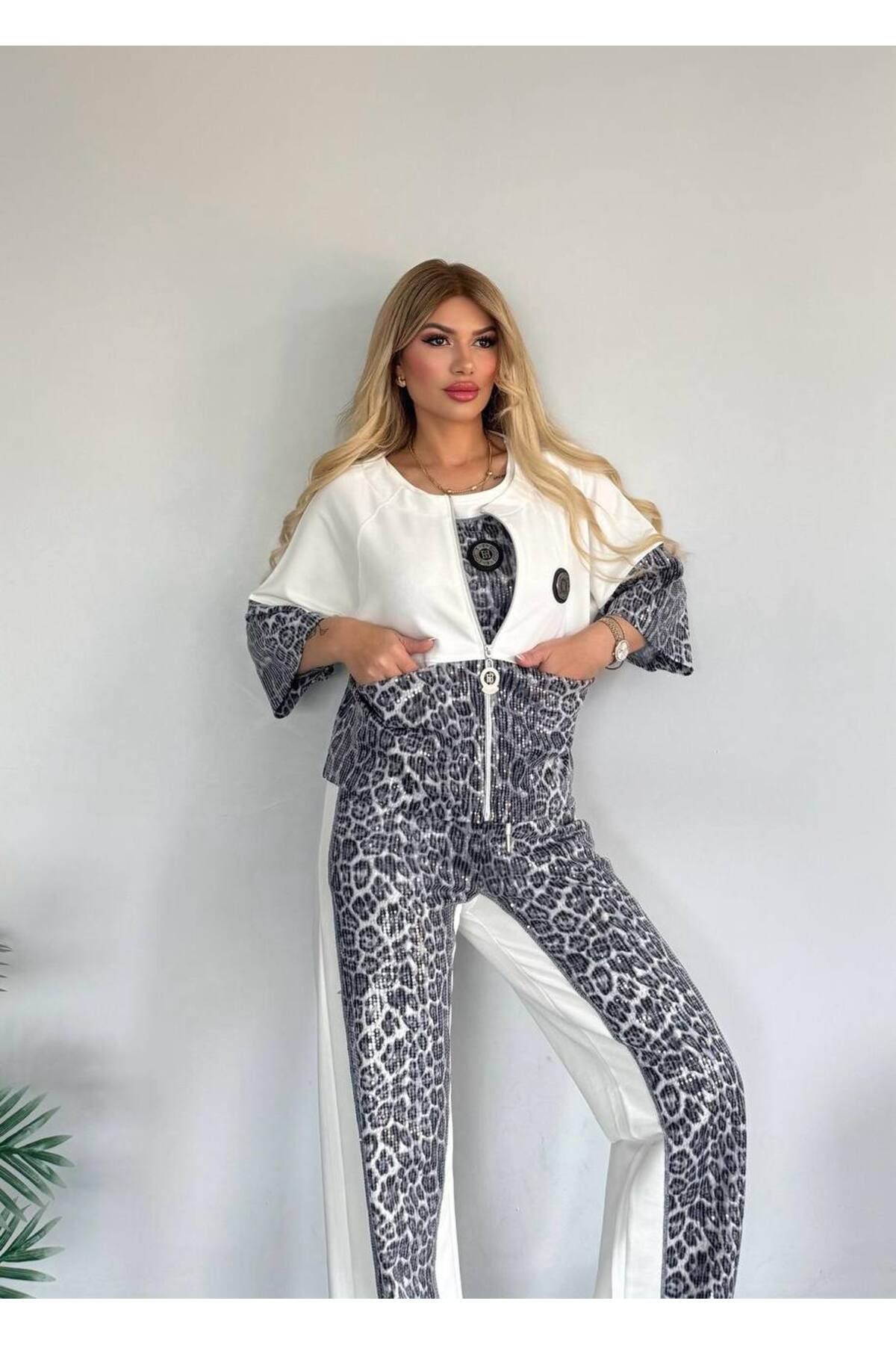 Bella Belluci Yeni Sezon Ceketli Leopar Üçlü Takım