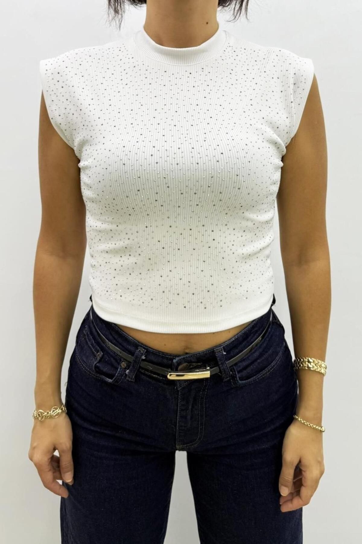 Flame İstanbul Butik Taşlı Kaşkorse Beyaz Crop Tshirt - MGN4814