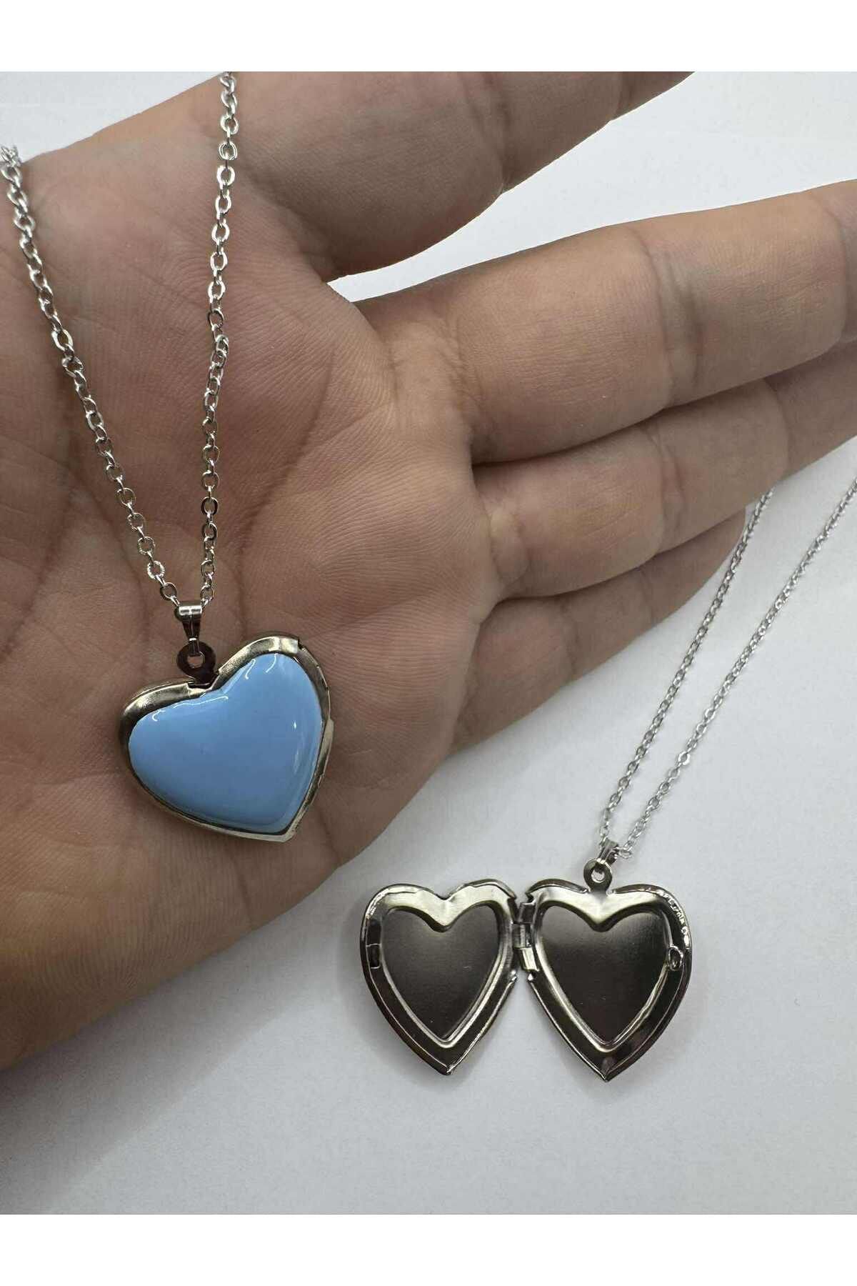 Herşey Nota Turkuaz Açılabilir Kapaklı Kalp Kolye Resim Kolyesi 55 cm Zincirli, Metal Resimlik Kolye