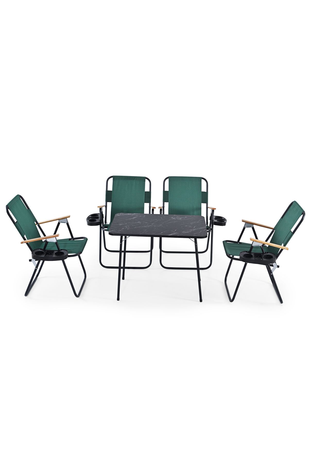 Remaks 4 adet Katlanır Kollu 4lü Piknik Sandalyesi Yeşil Bardaklı Ve 45x60 Siyah Mermer Katlanır Masa