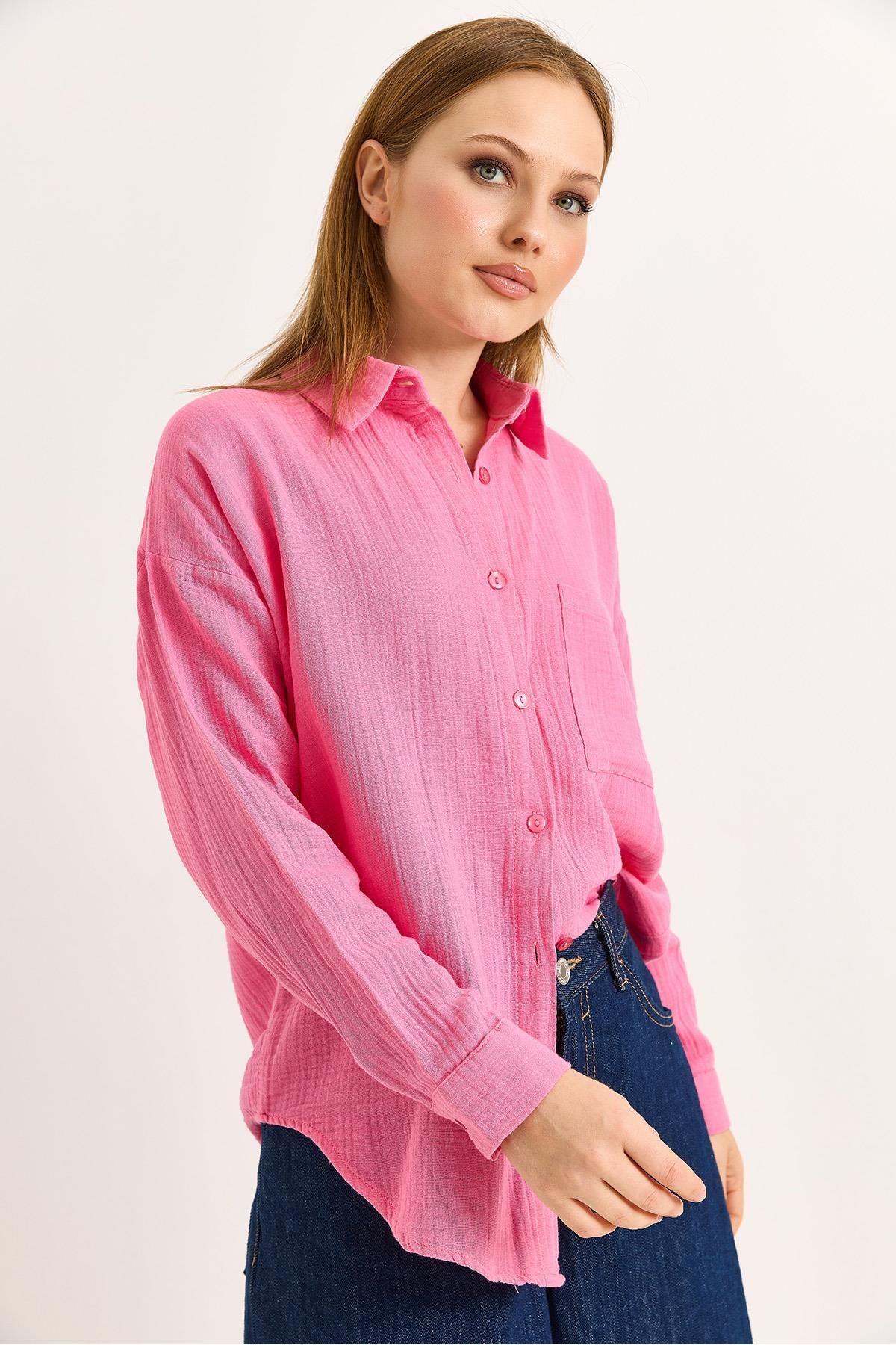 Raneel Kazançlı Alışveriş Uzun Kollu Oversize Gömlek Pembe