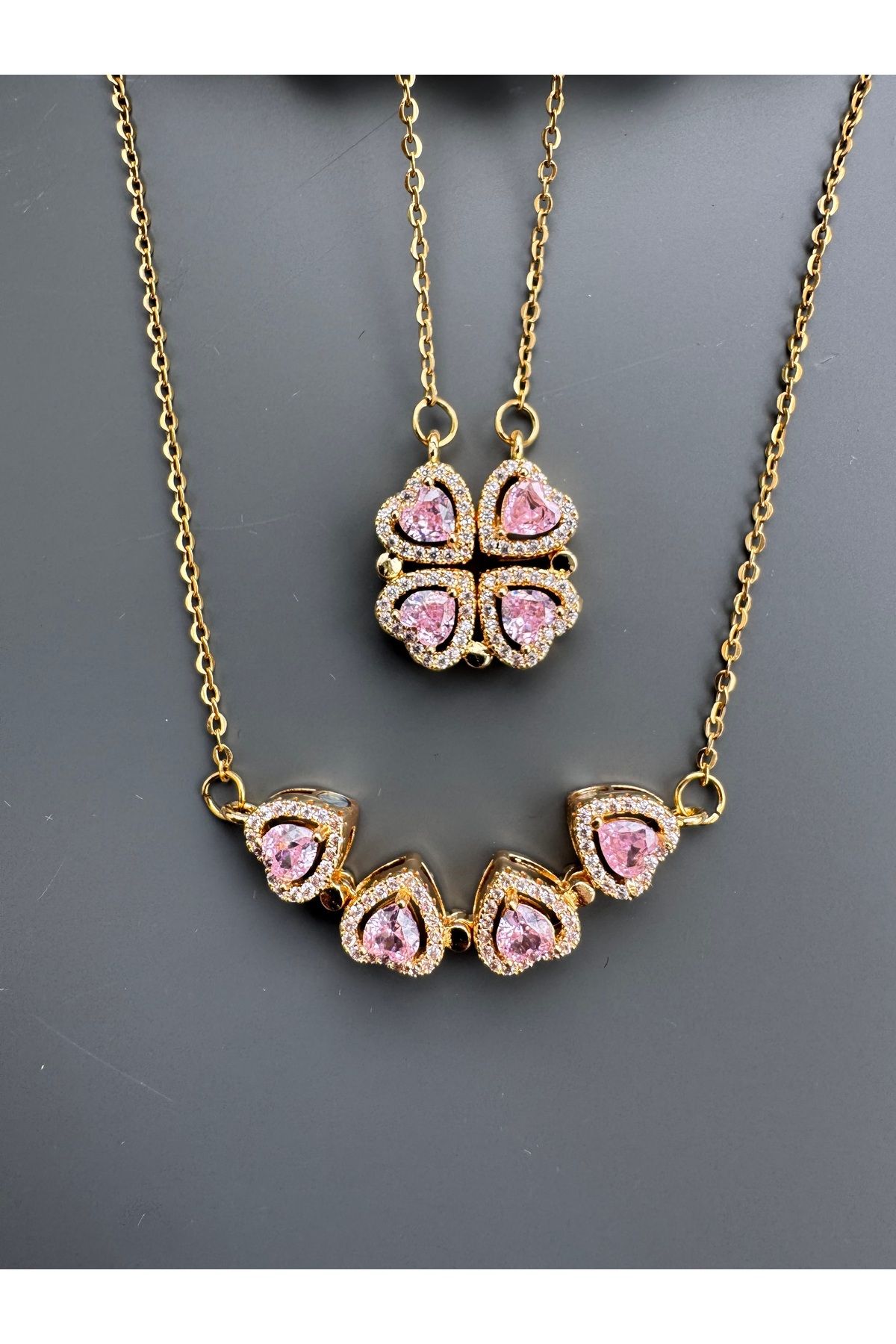 shop MIKNATISLI AÇILIR PEMBE KALPLİ YONCA KOLYE ÇELİK