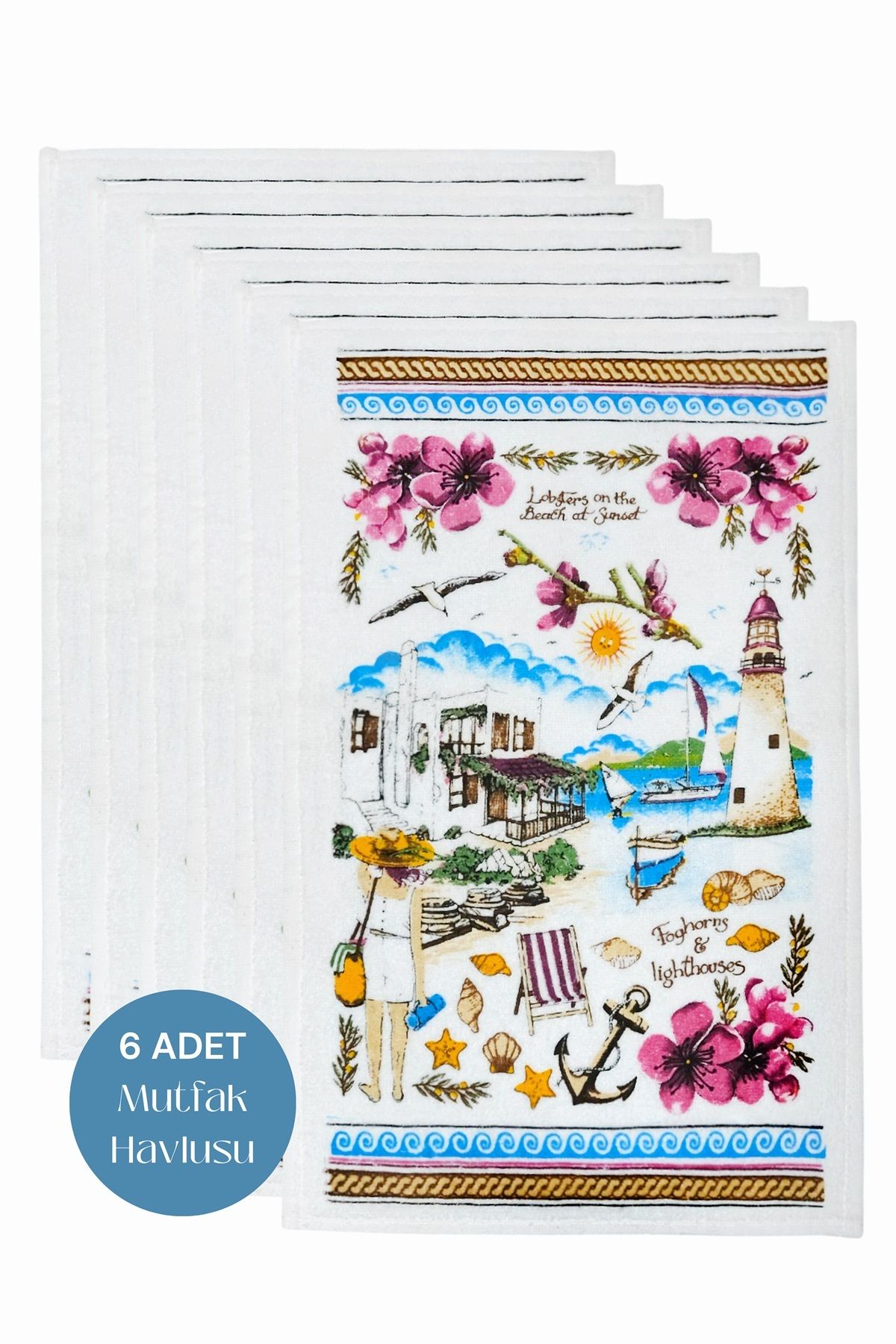 sevilya 6lı Paket Baskılı Beyaz Mutfak Havlusu Modeli