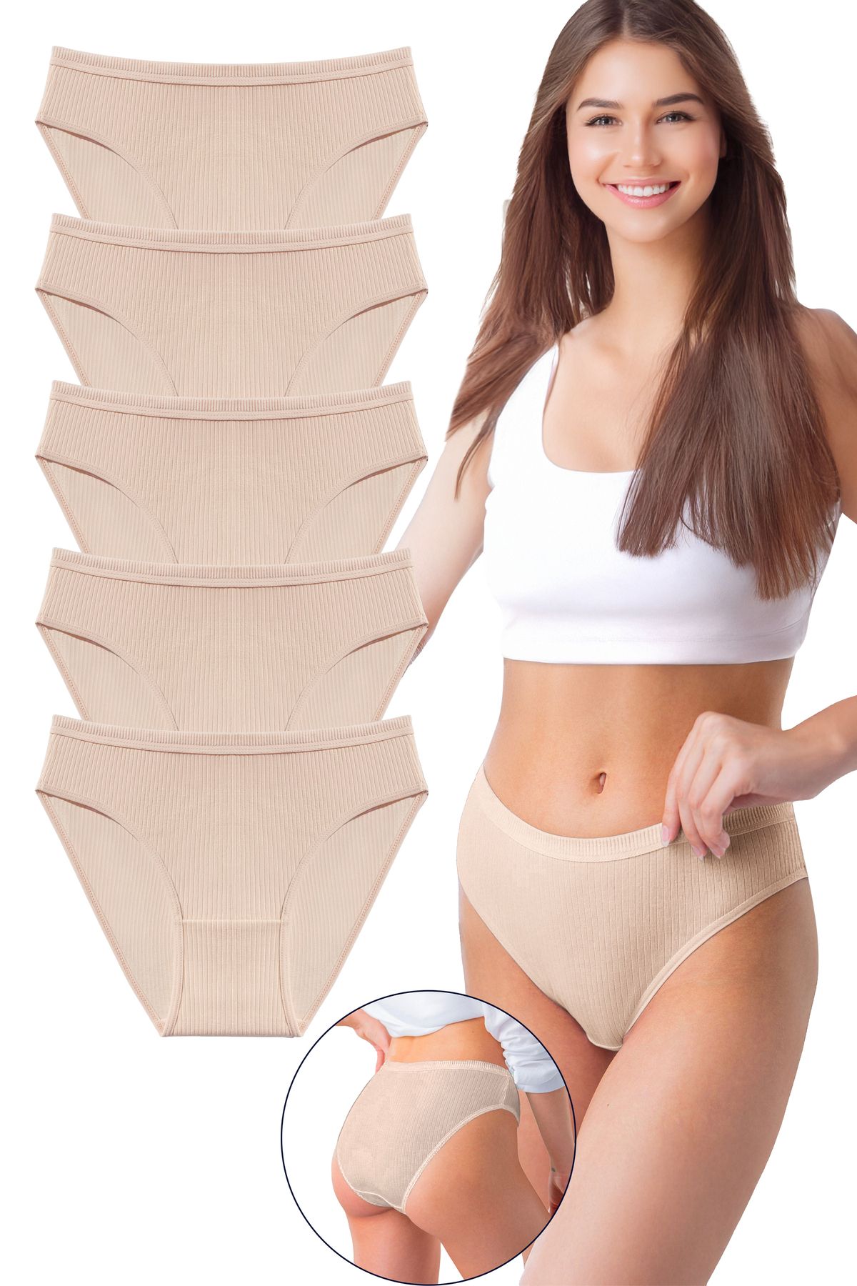Bravie Kadın 5'li Organik Pamuk Fitilli Bikini Külot Bk2-Ten
