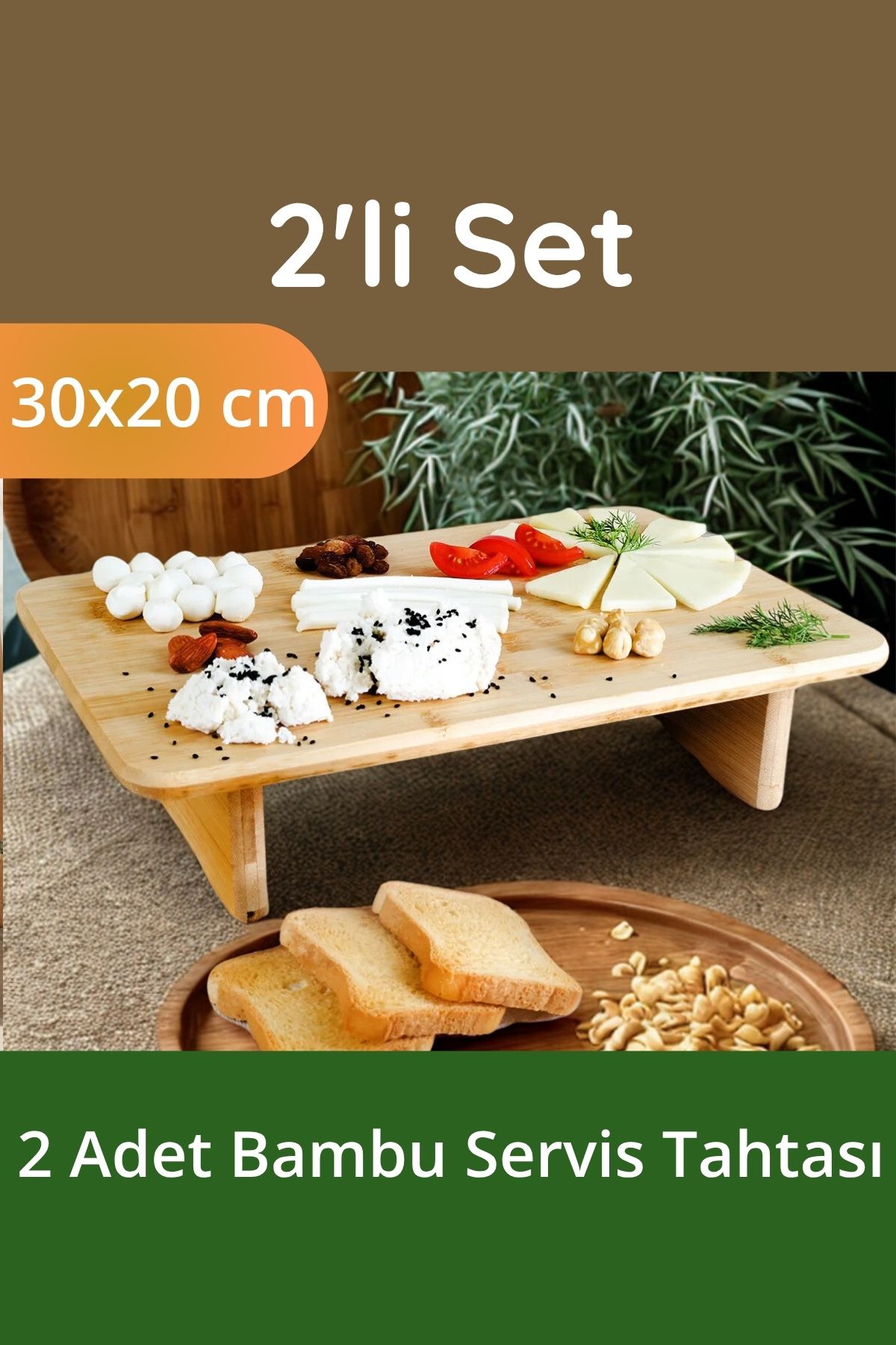 Tilia Home 2'li Bambu Ayaklı Kesme Tahtası Bambu Sunum Tahtası - 30x20 Cm