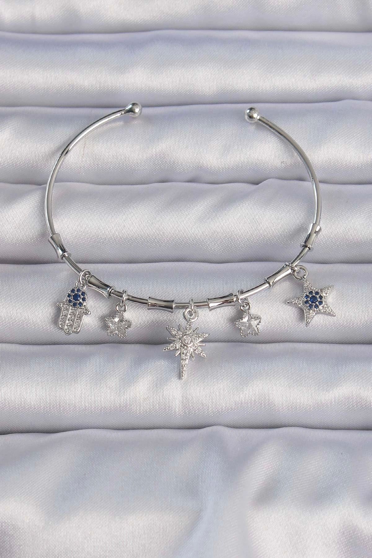 OurStyles Pirinç Gümüş Renk Zirkon Taşlı Kutup Yıldızı Figürlü Charm Bileklik - TJ-BB6282