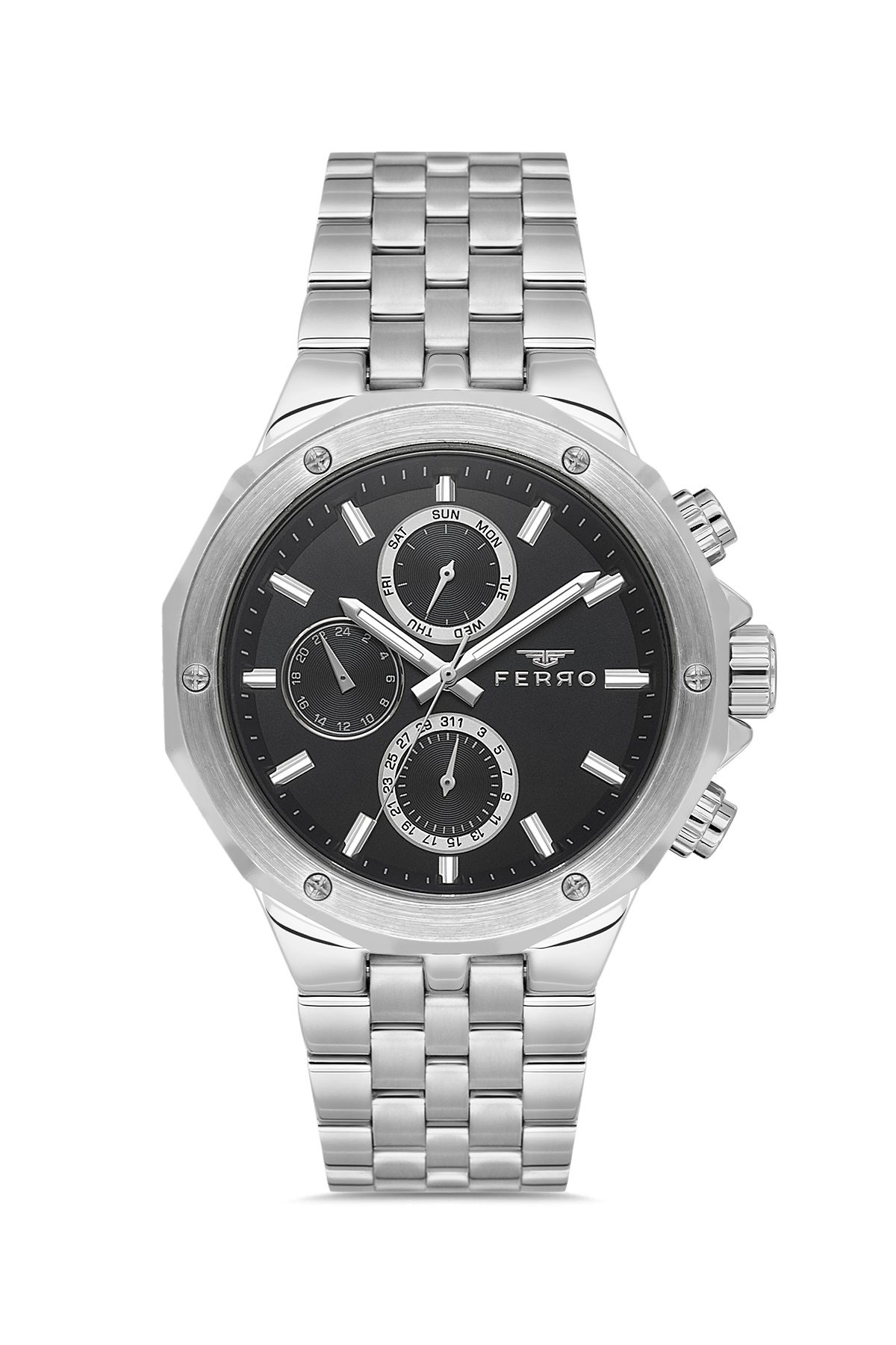 FERRO FM11544AWT-A2 Quartz Çelik Gri Siyah Kadran 44 mm Erkek Kol Saati